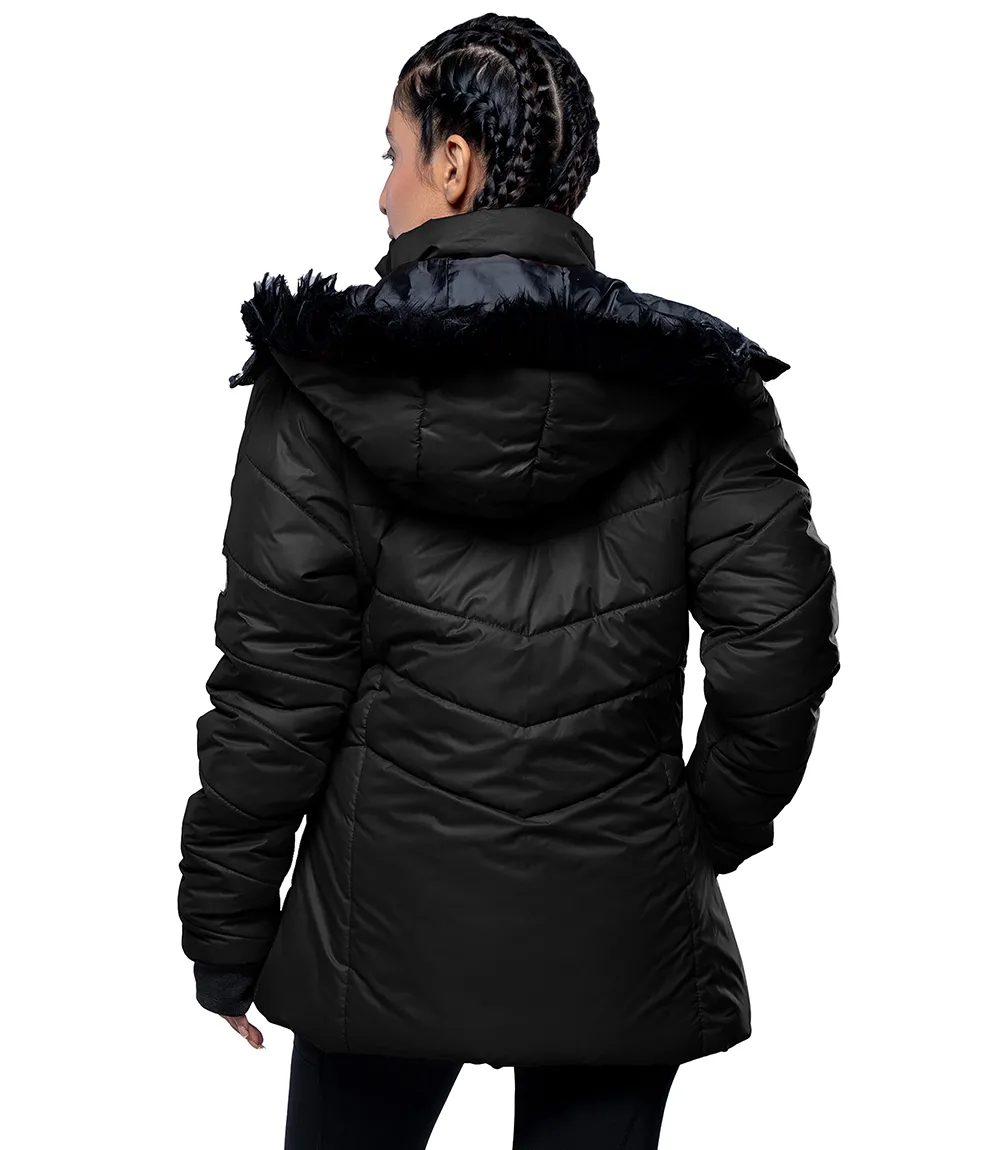 Paola Faux-Fur-Trim Black Hooded Puffer Jacket