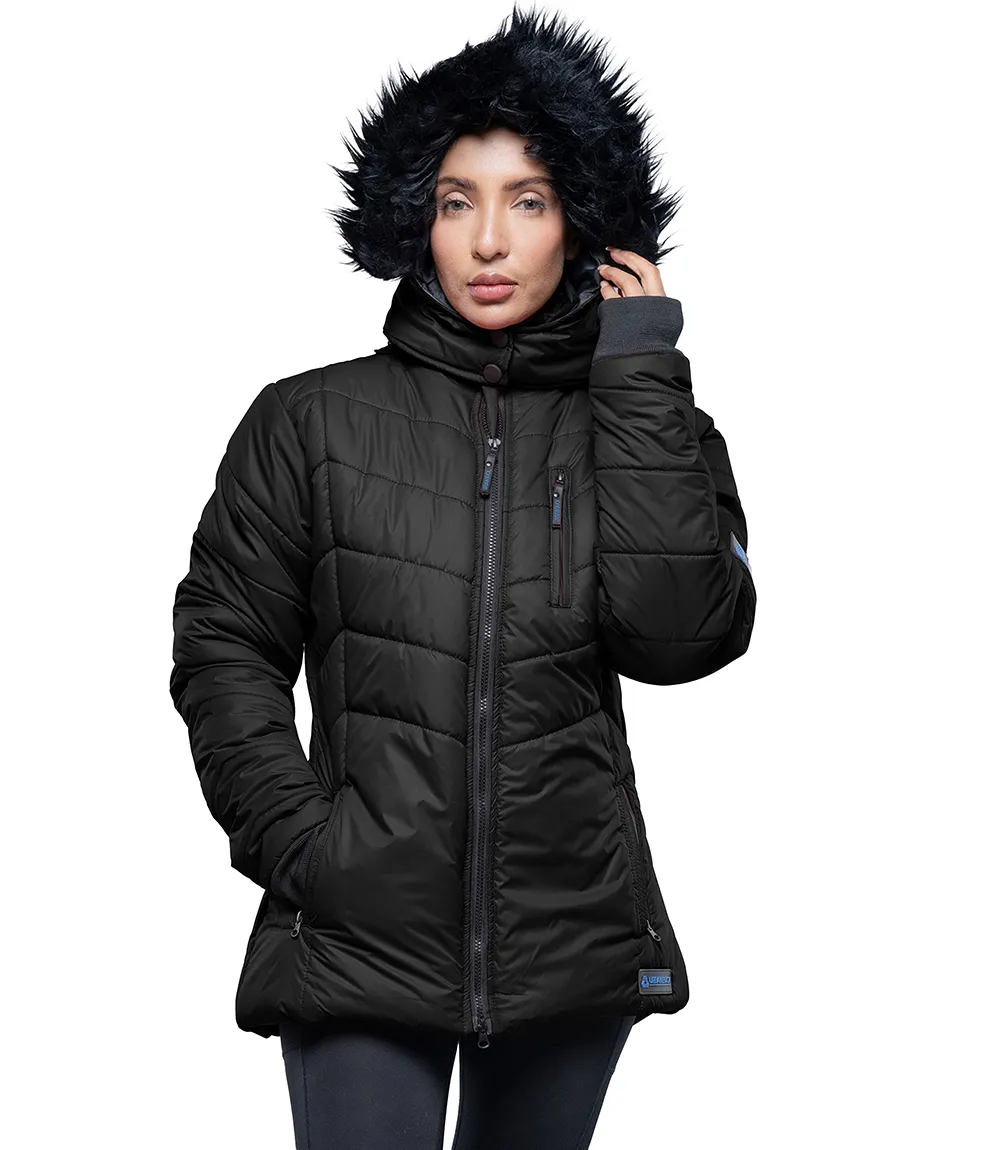 Paola Faux-Fur-Trim Black Hooded Puffer Jacket