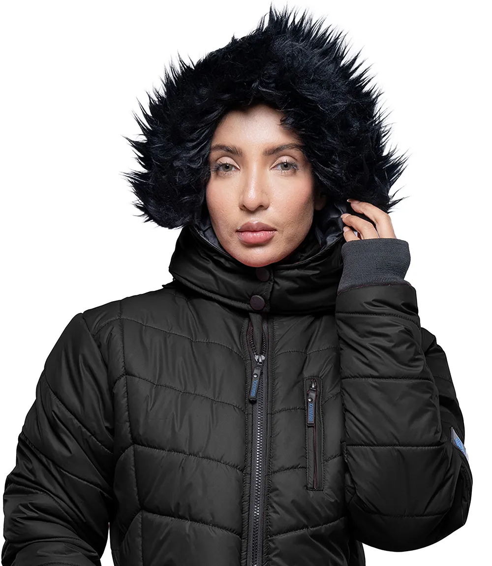 Paola Faux-Fur-Trim Black Hooded Puffer Jacket