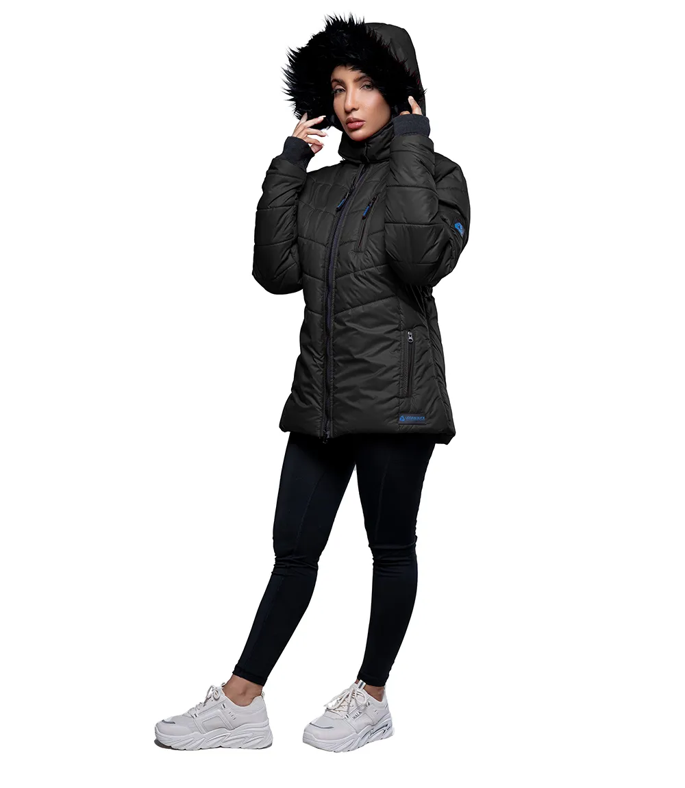 Paola Faux-Fur-Trim Black Hooded Puffer Jacket