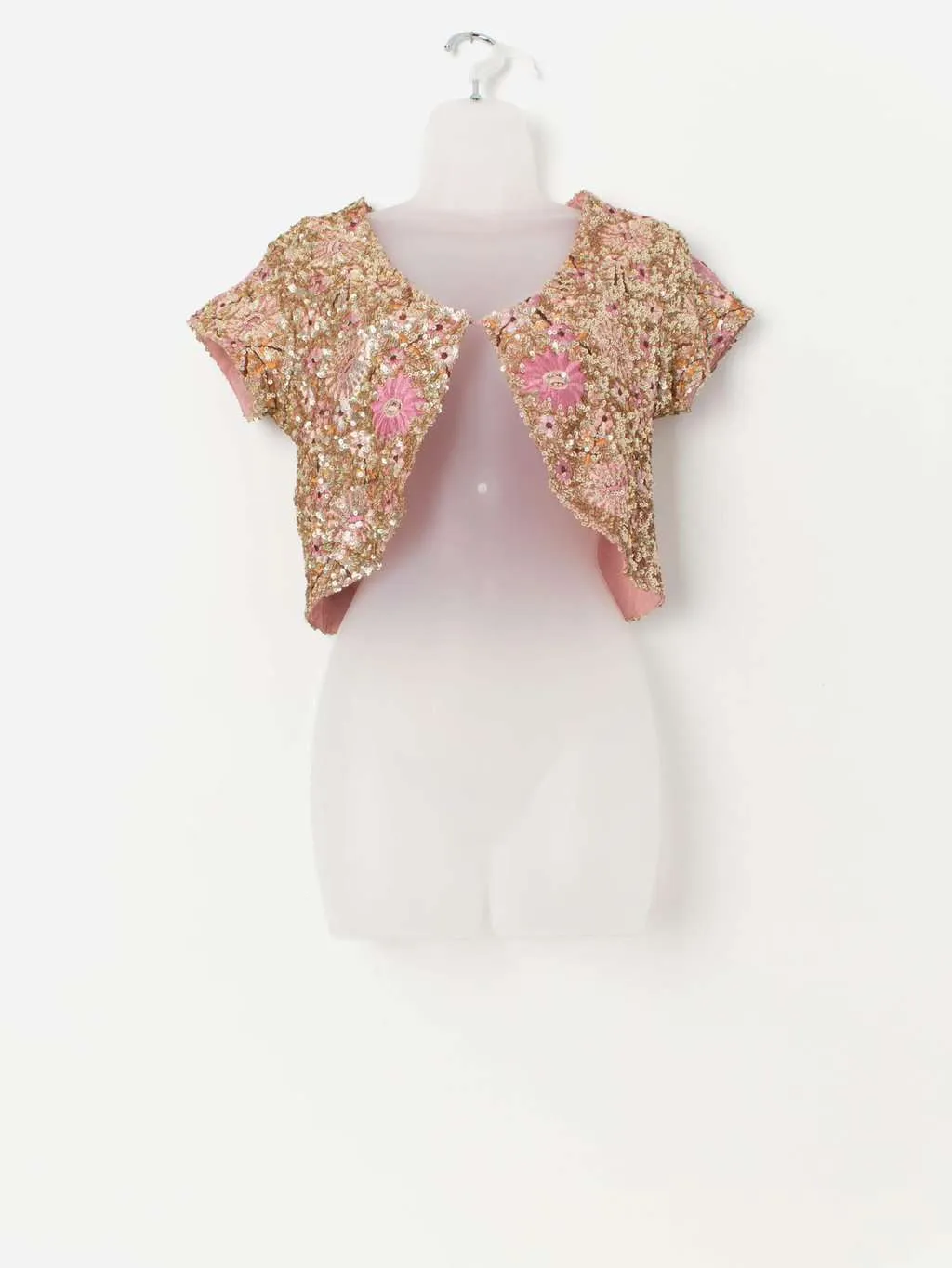 Pink and gold sequin festival jacket, sparkly bolero – Medium