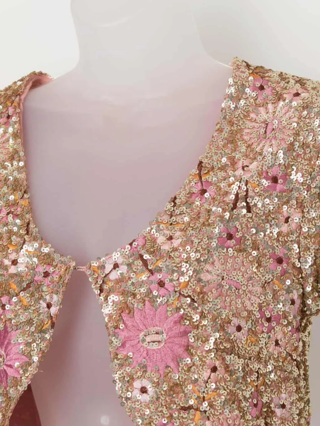 Pink and gold sequin festival jacket, sparkly bolero – Medium