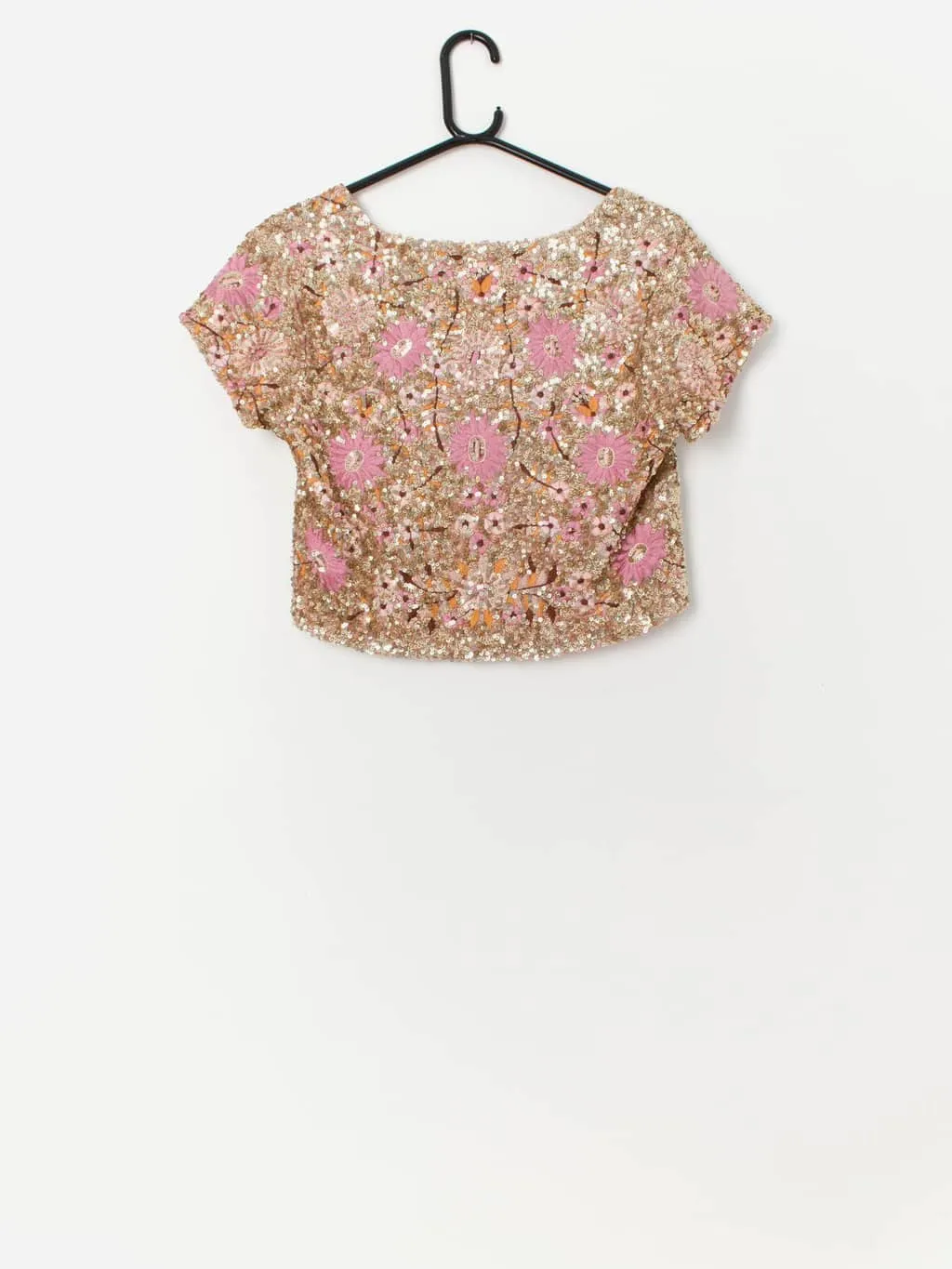 Pink and gold sequin festival jacket, sparkly bolero – Medium