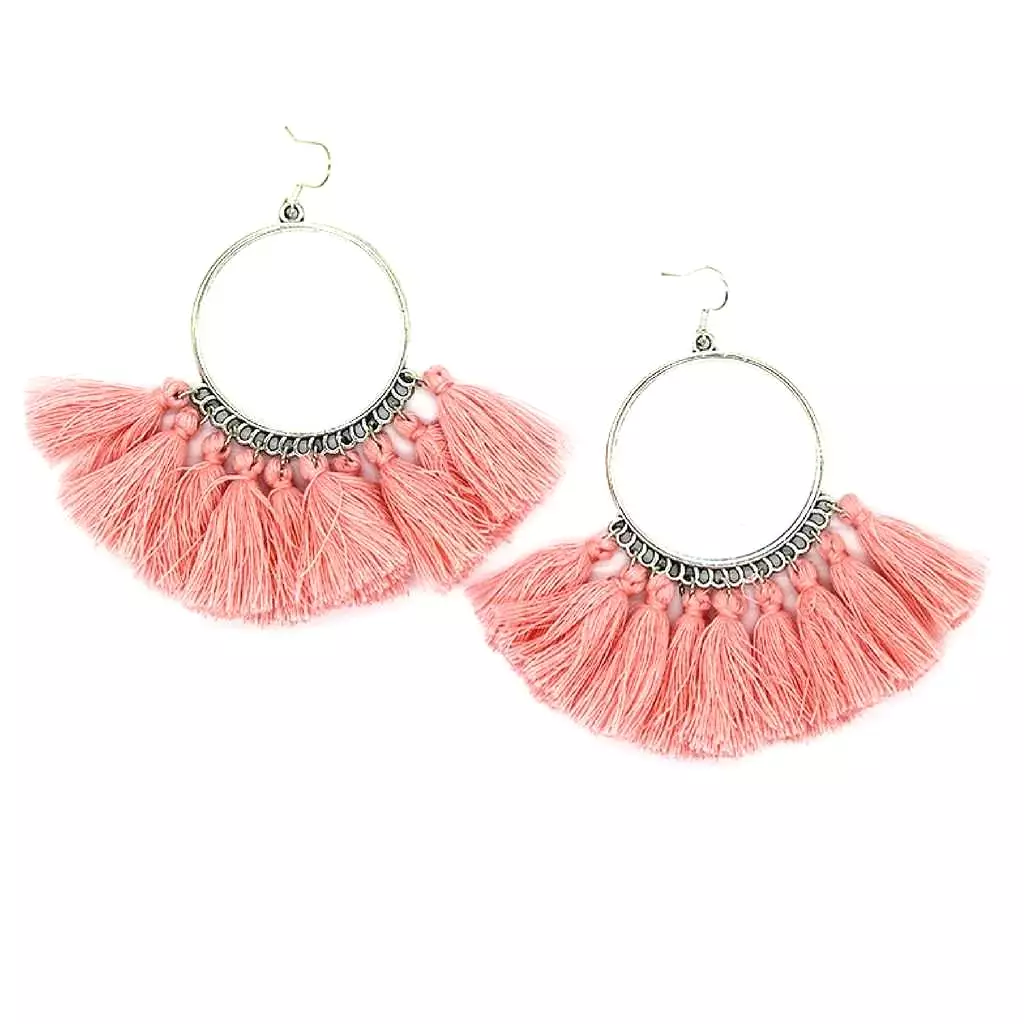 Pink Tassel Silver Hoops Dangle Earrings