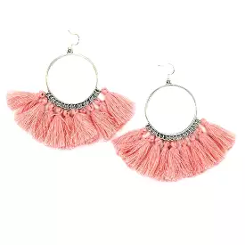 Pink Tassel Silver Hoops Dangle Earrings