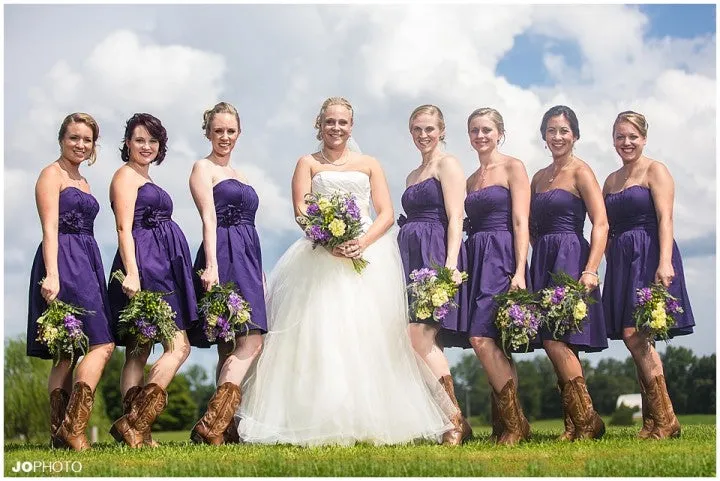 Purple Strapless Short country western bridesmaid dresses with boots