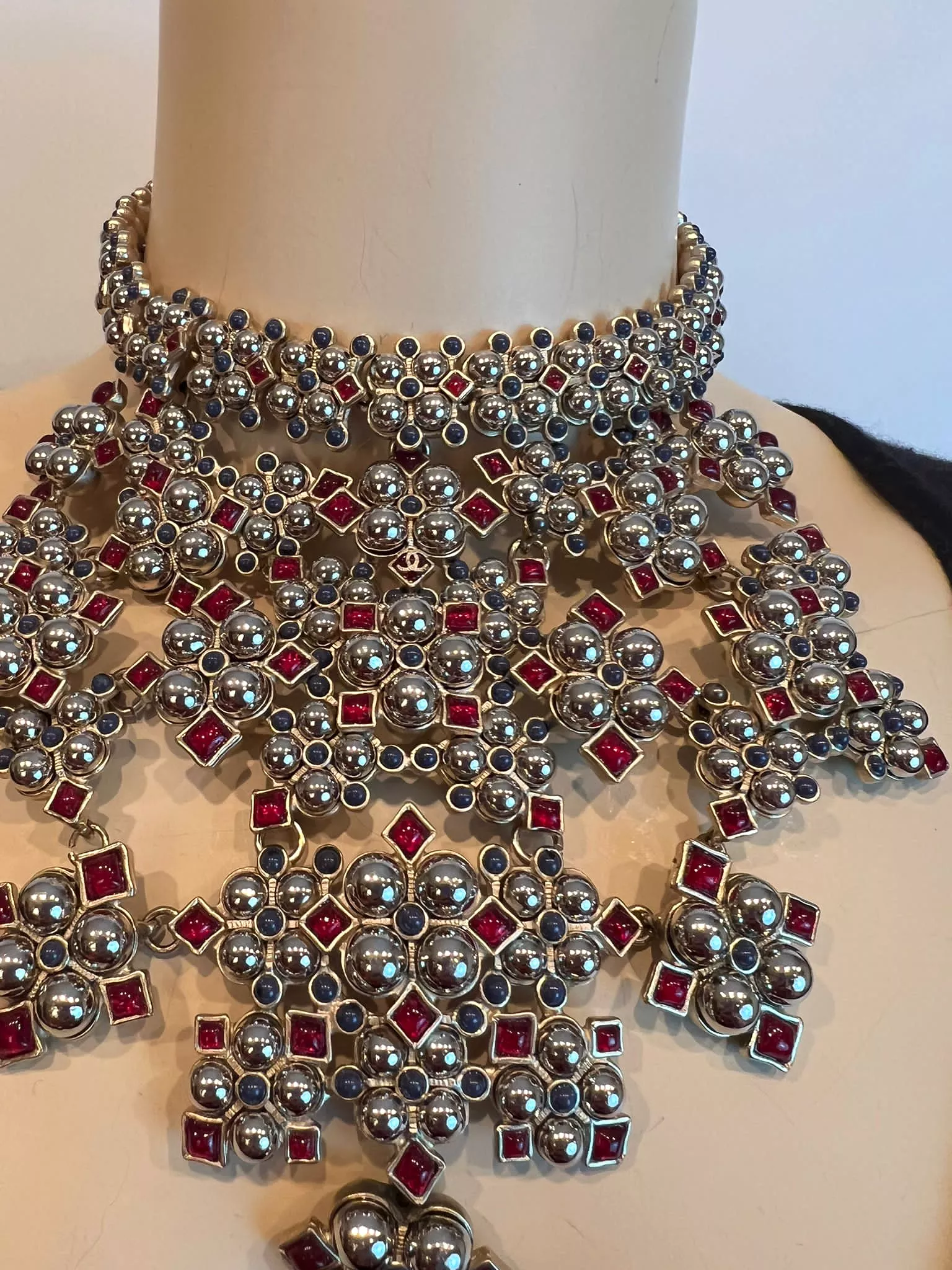 Rare Chanel 16S 2016 Spring Bib Collar Red Blue Gripoix Silver Necklace