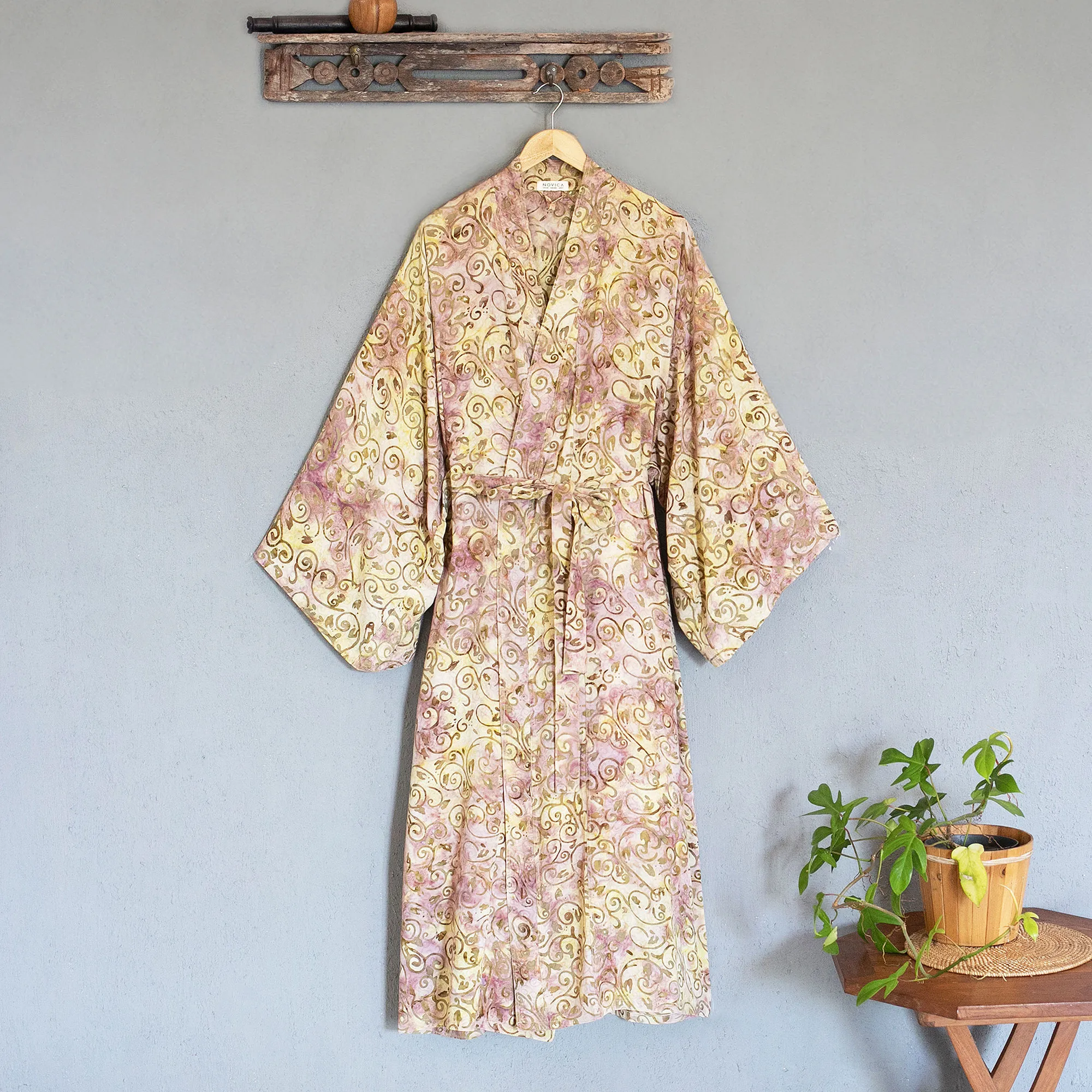 Rayon Robe Olive Floral Batik Print from Indonesia, 