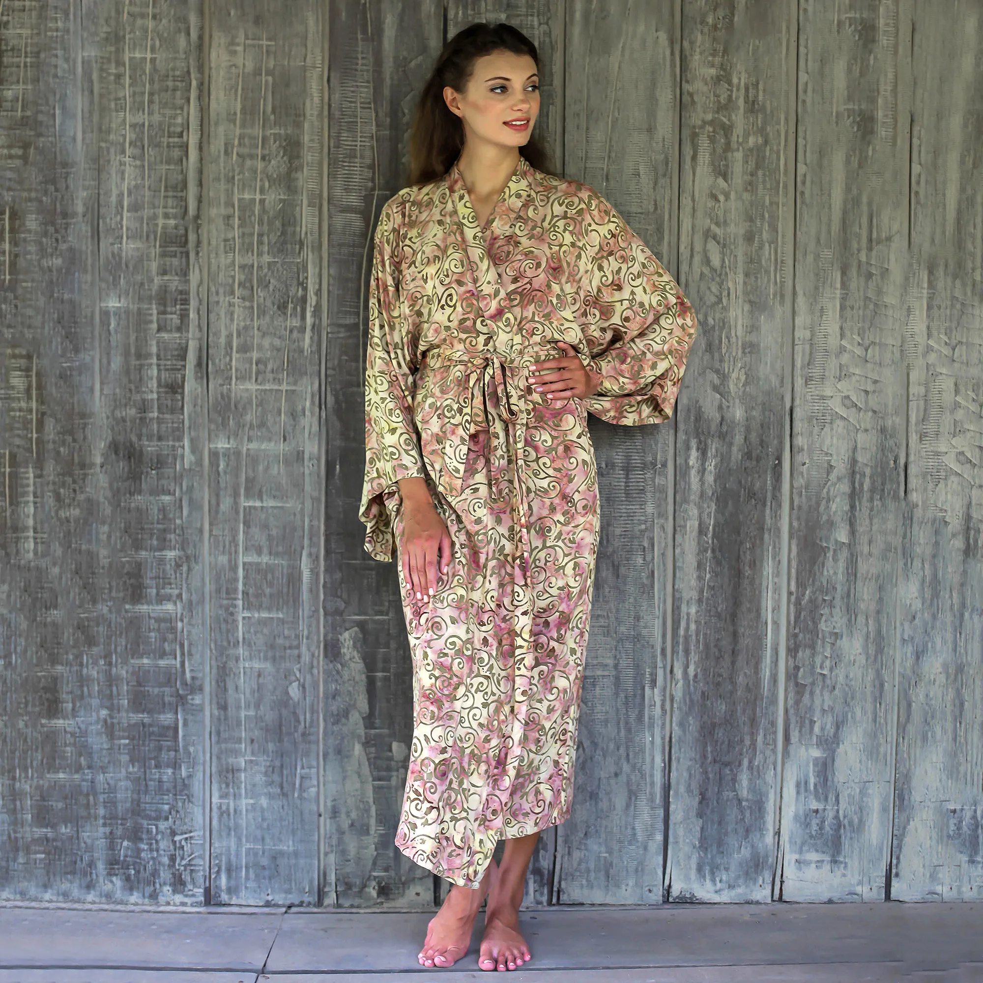 Rayon Robe Olive Floral Batik Print from Indonesia, 