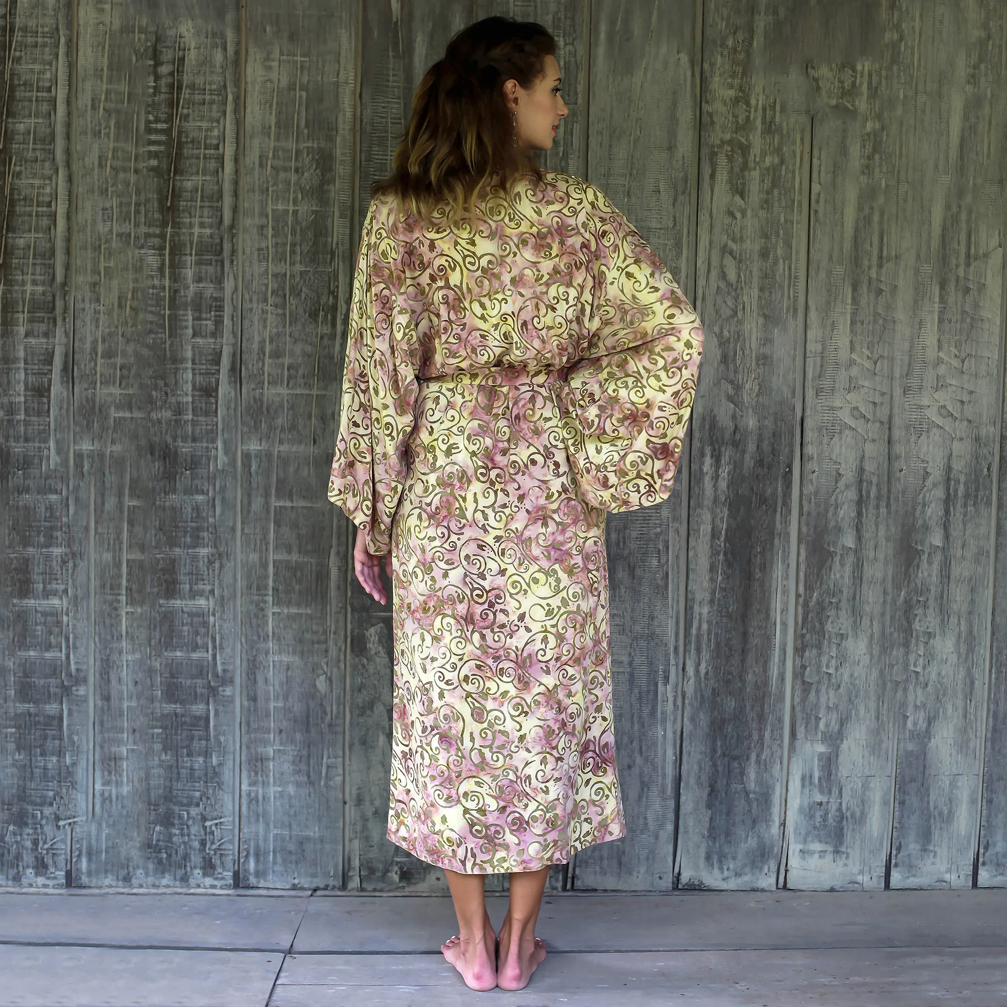 Rayon Robe Olive Floral Batik Print from Indonesia, 