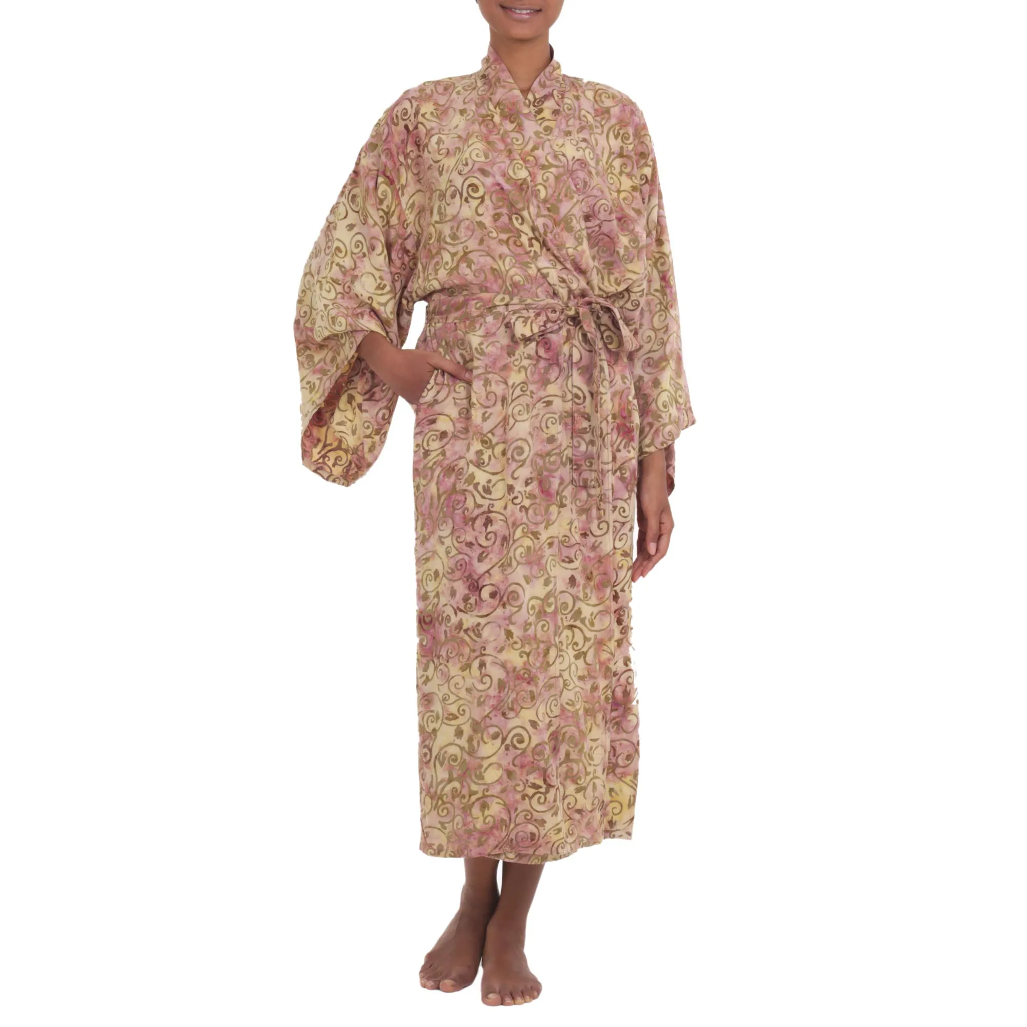 Rayon Robe Olive Floral Batik Print from Indonesia, 