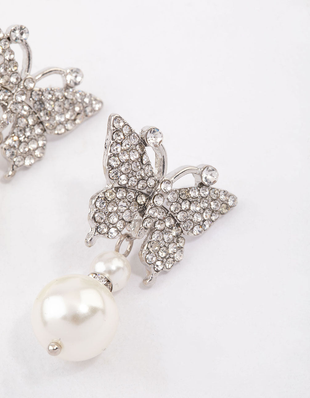 Rhodium Butterfly & Pearl Drop Earrings