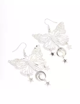 Rhodium Butterfly Moon Drop Earrings