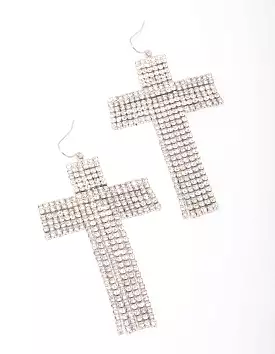 Rhodium Flowing Cross Drop Earrings