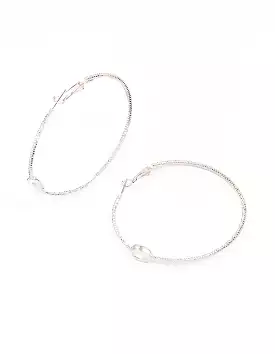 Rhodium Textural Oval Cubic Zirconia Hoop Earrings