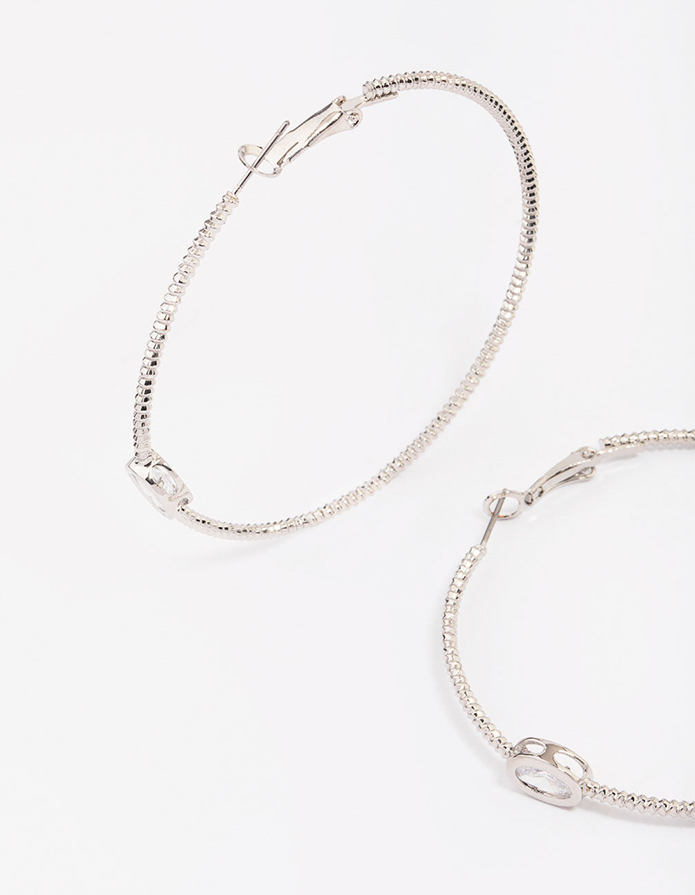 Rhodium Textural Oval Cubic Zirconia Hoop Earrings