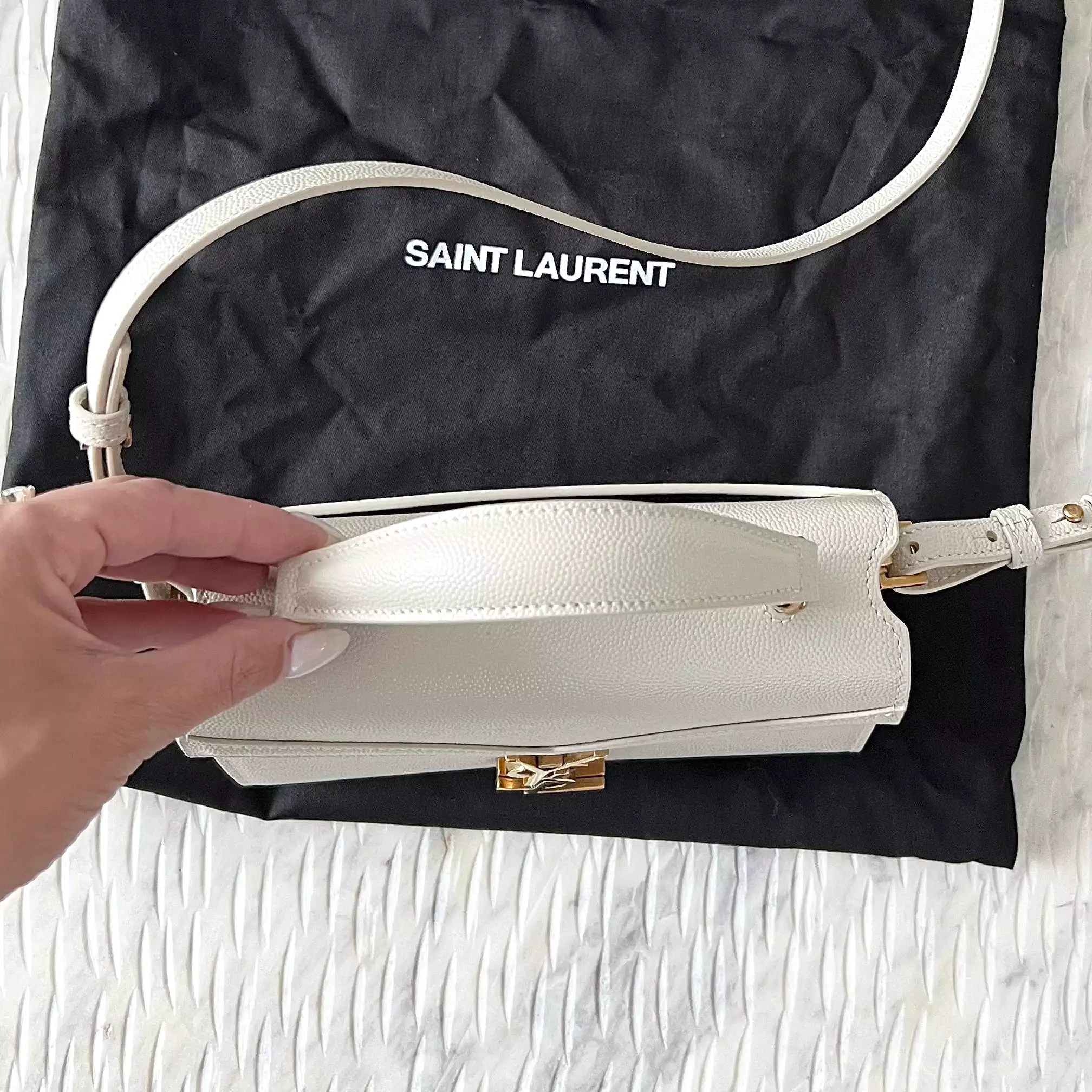 Saint Laurent CASSANDRA MINI TOP HANDLE BAG IN GRAIN DE POUDRE EMBOSSED LEATHER