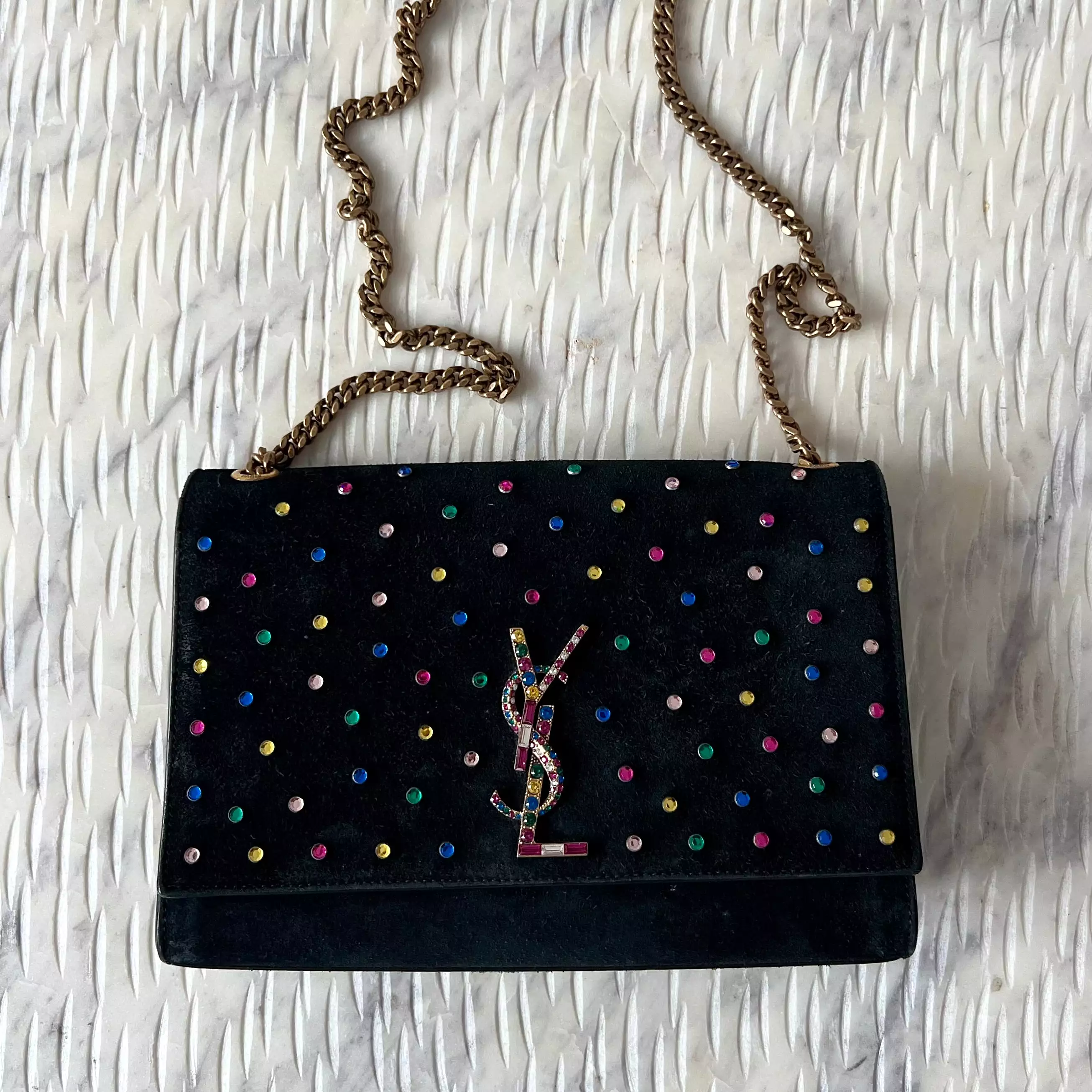 SAINT LAURENT CRYSTAL EMBELLISHED KATE CHAIN BAG