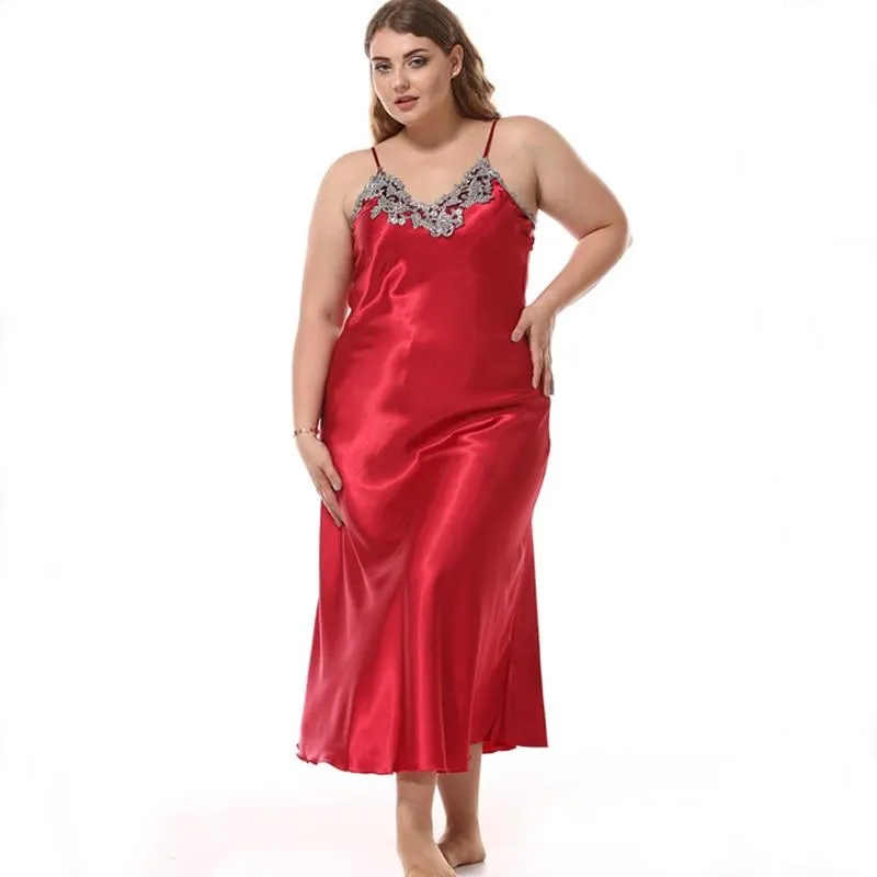 Sexy Women's Silk Satin Lace Sleeveless Large Long Nightgown Nightdress