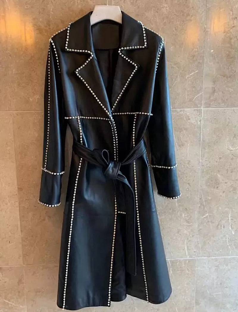 Sheepskin Leather Long Coat With Crystal Trims