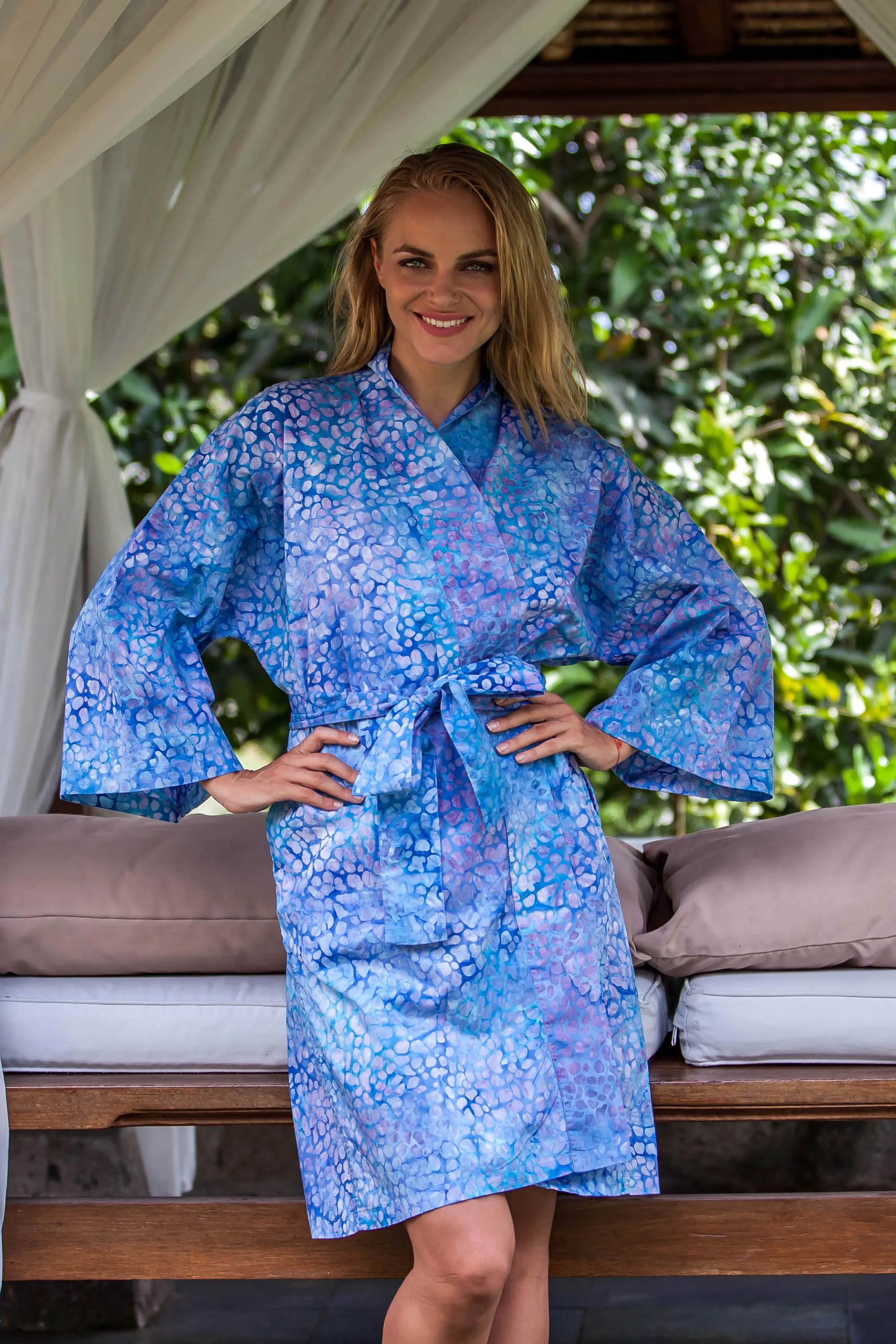 Short Cotton Batik Robe of Vibrant Blue and Rosy Hues, 