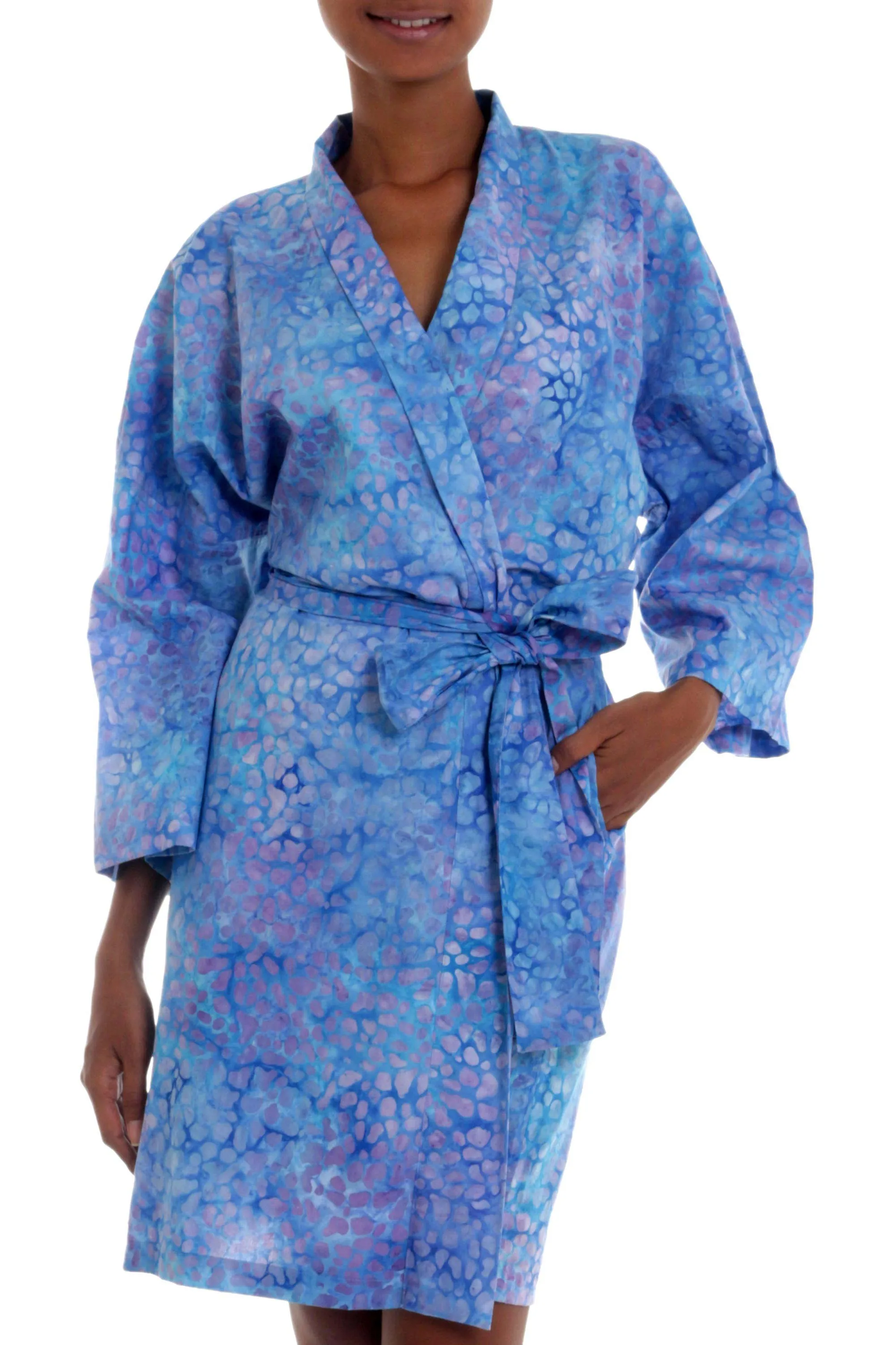 Short Cotton Batik Robe of Vibrant Blue and Rosy Hues, 