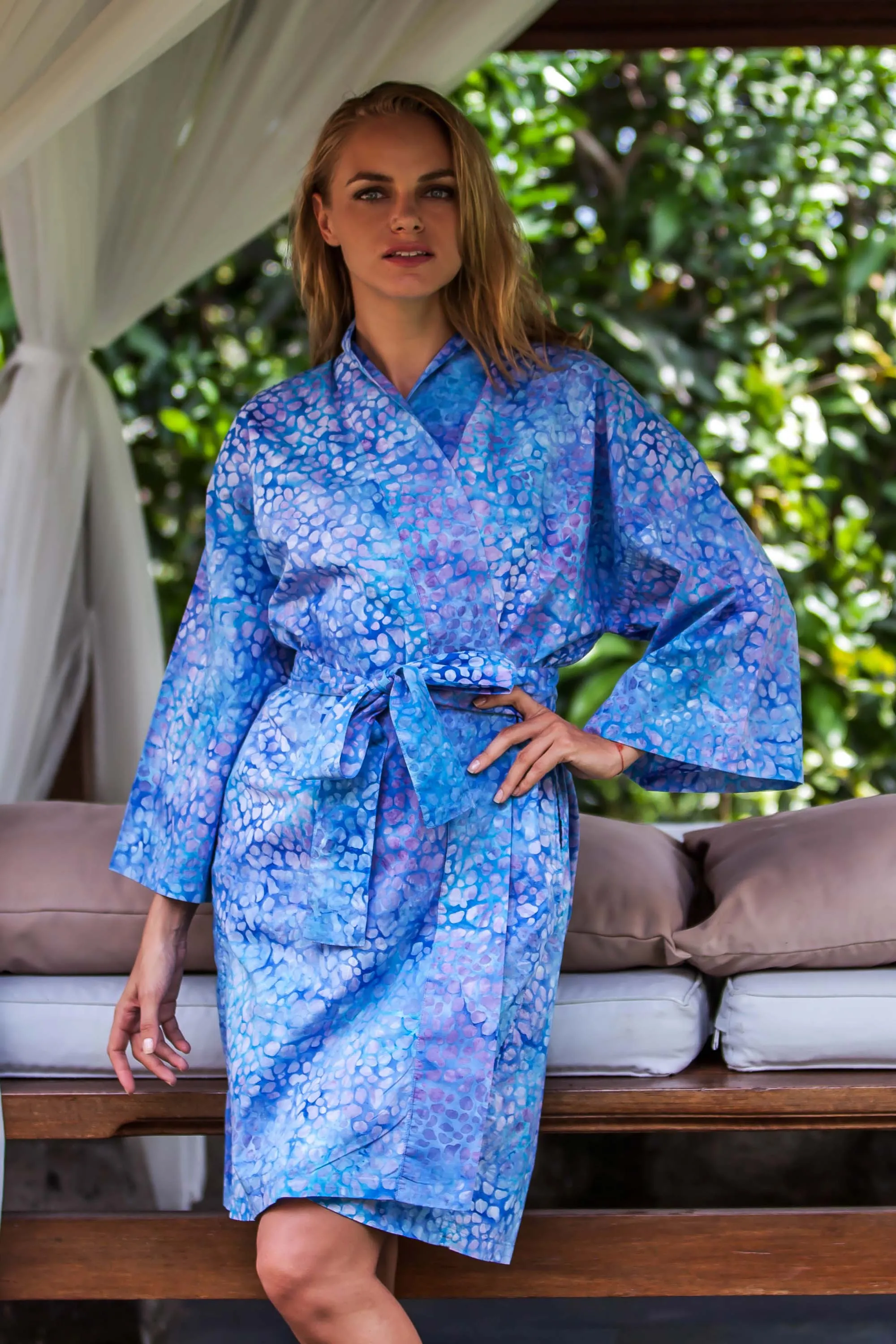 Short Cotton Batik Robe of Vibrant Blue and Rosy Hues, 