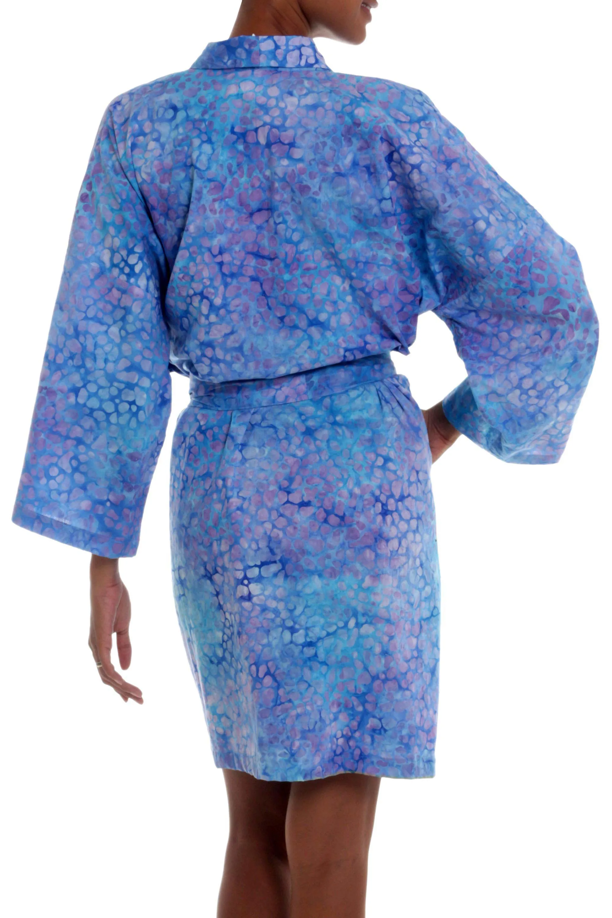 Short Cotton Batik Robe of Vibrant Blue and Rosy Hues, 