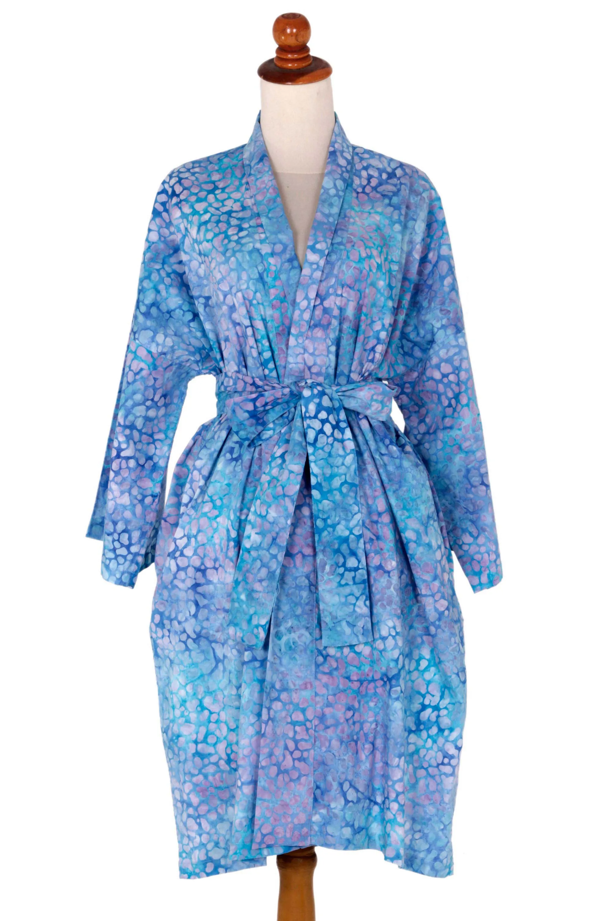 Short Cotton Batik Robe of Vibrant Blue and Rosy Hues, 