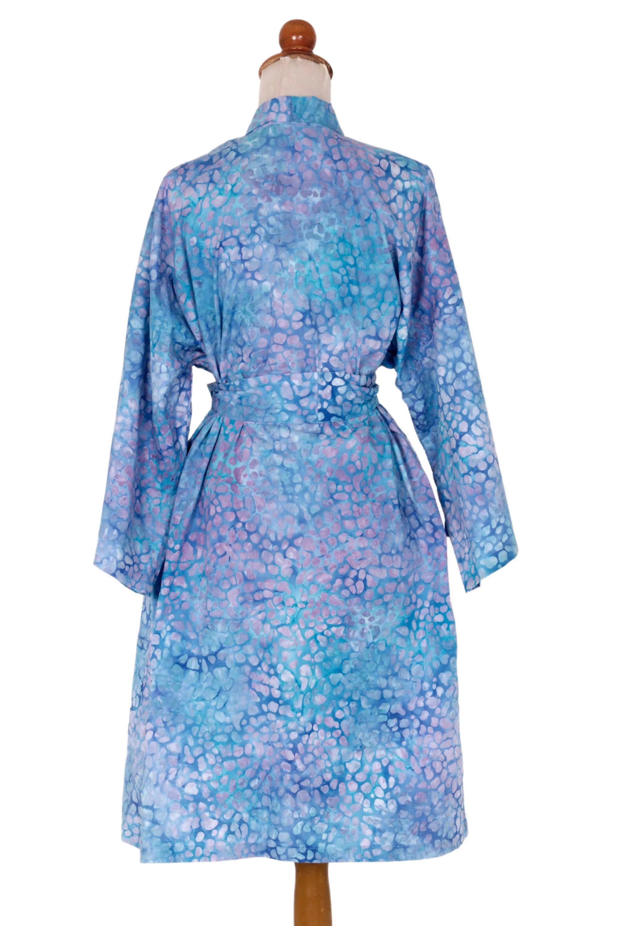 Short Cotton Batik Robe of Vibrant Blue and Rosy Hues, 