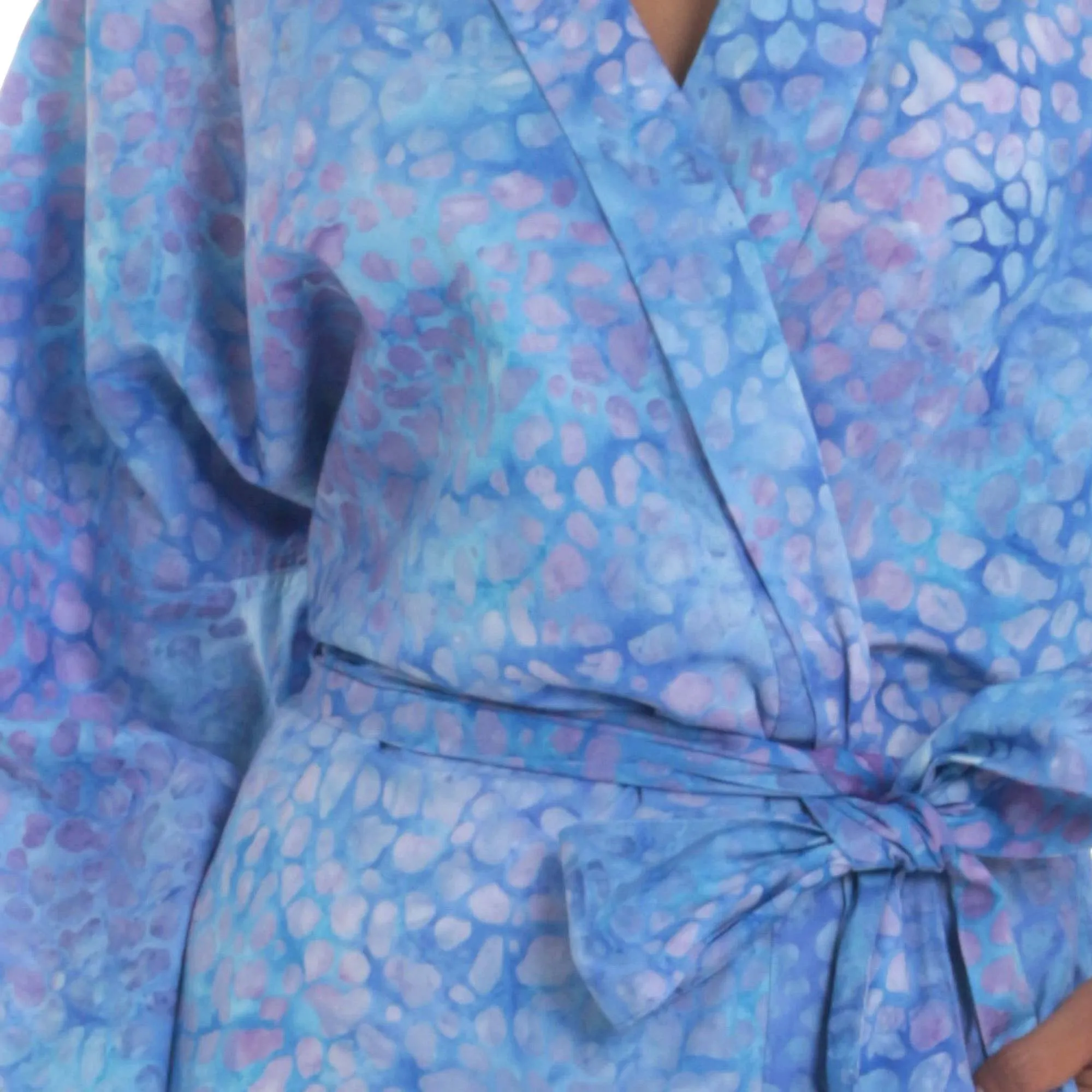 Short Cotton Batik Robe of Vibrant Blue and Rosy Hues, 