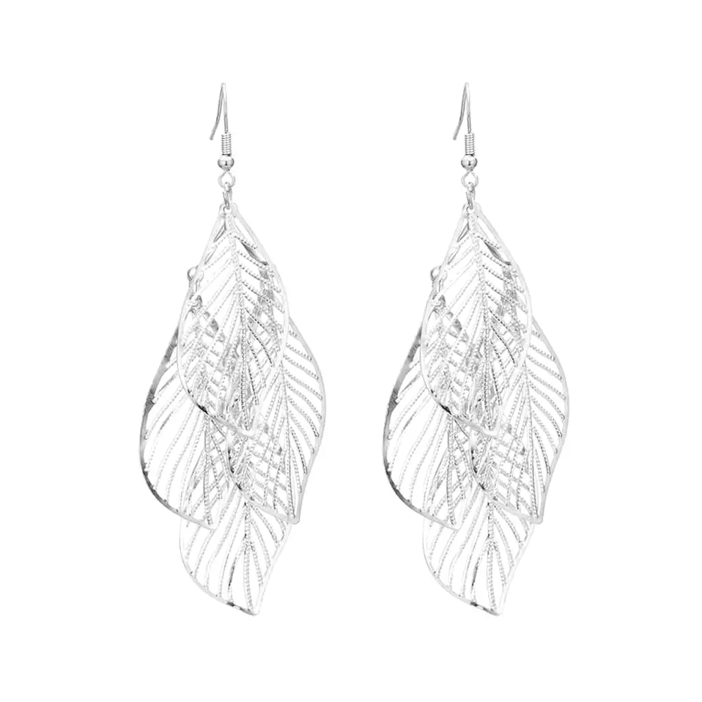 Silver Cut Out Leaf Long Dangle Earrings