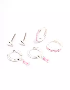 Silver Plated Pink Baguette Earring 3-Pack