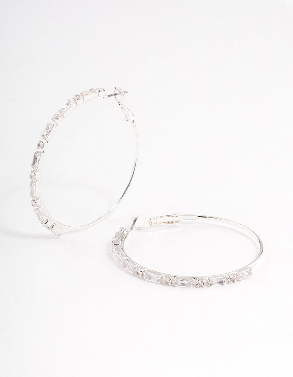 Silver Plated Round & Baguette Large Hoop Earrings