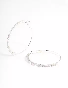 Silver Plated Round & Baguette Large Hoop Earrings