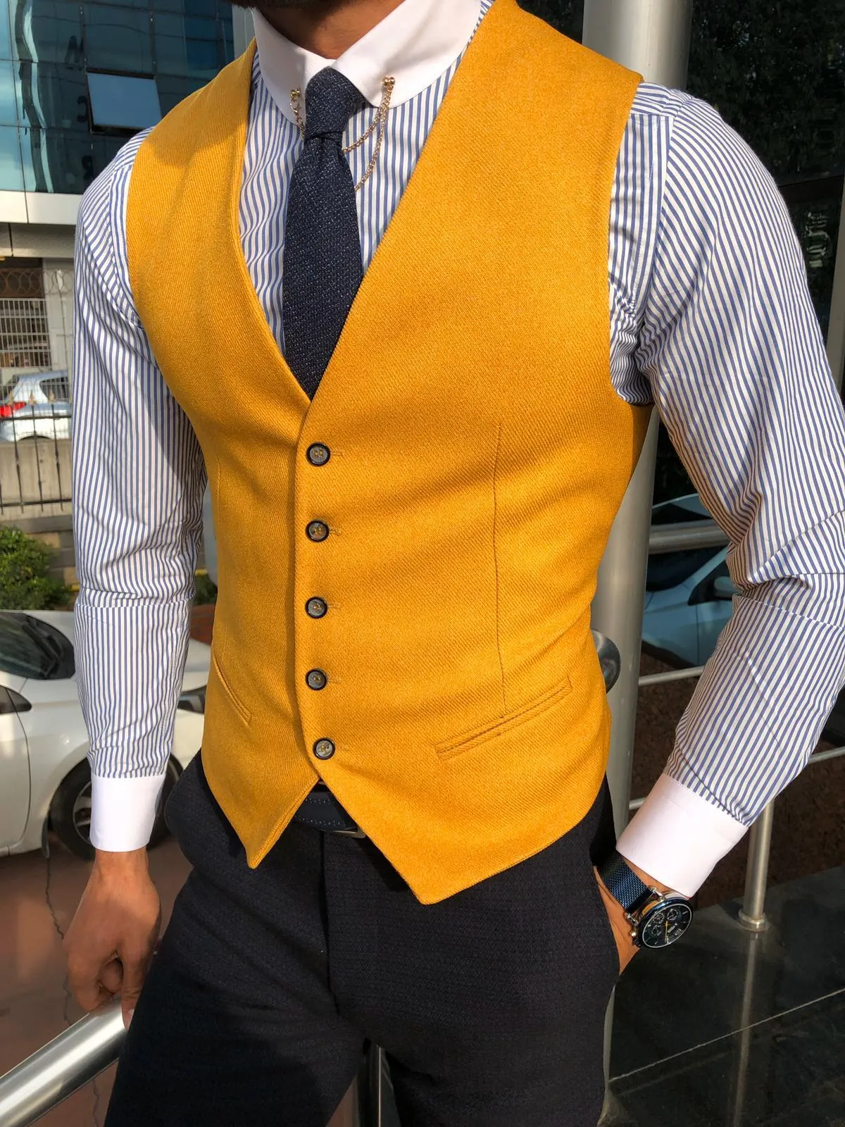 Slim-Fit Cotton Waist Coat MUSTARD