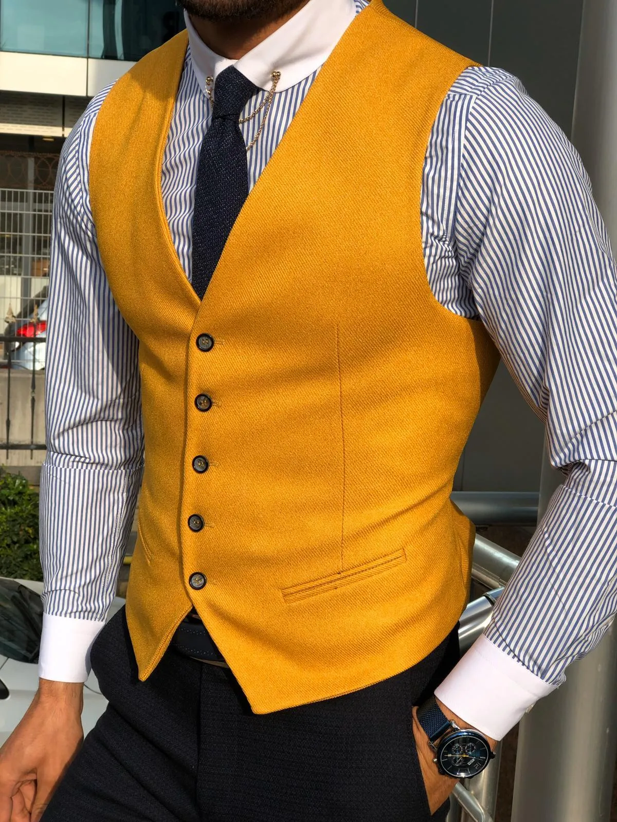 Slim-Fit Cotton Waist Coat MUSTARD