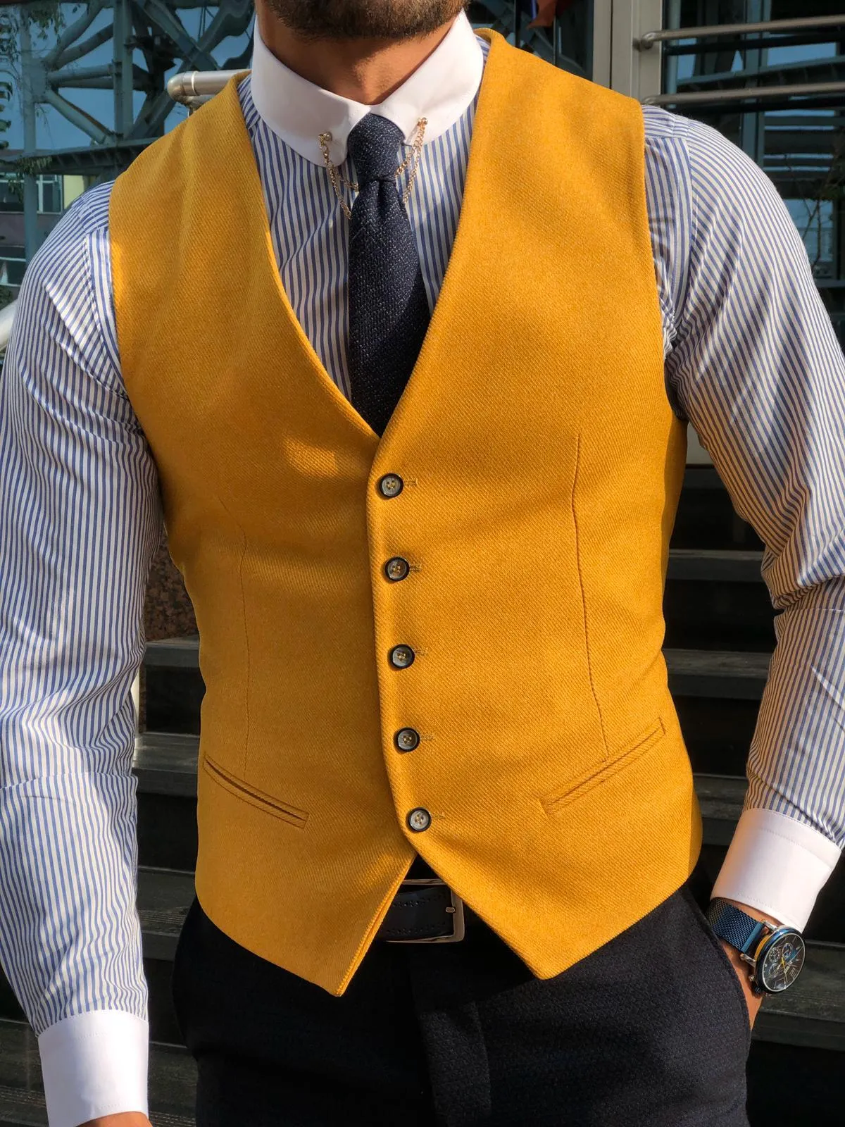 Slim-Fit Cotton Waist Coat MUSTARD