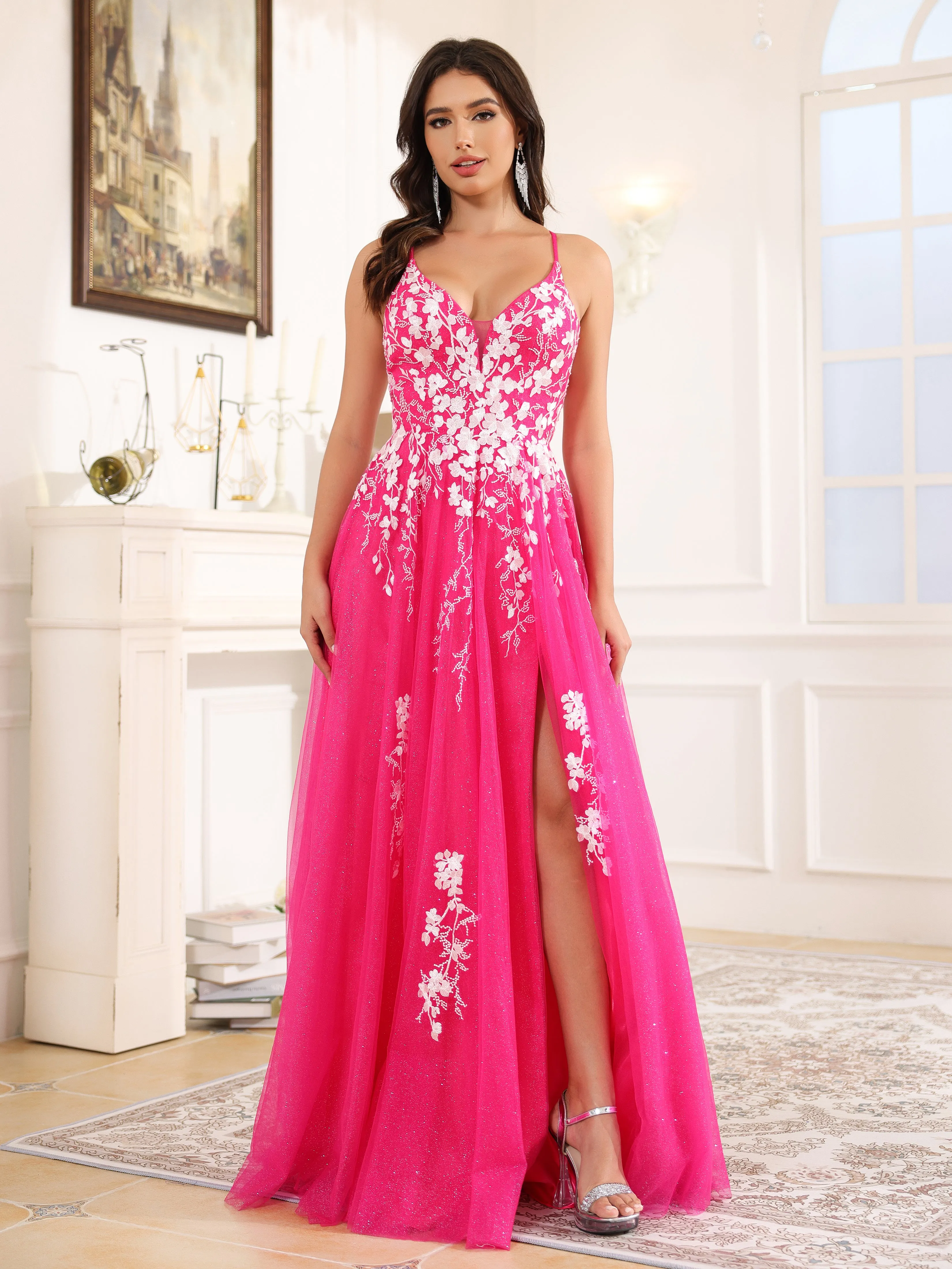 Trapèze Fendue Bretelles Spaghetti Dentelle Tulle Robe de Soirée AZALEE