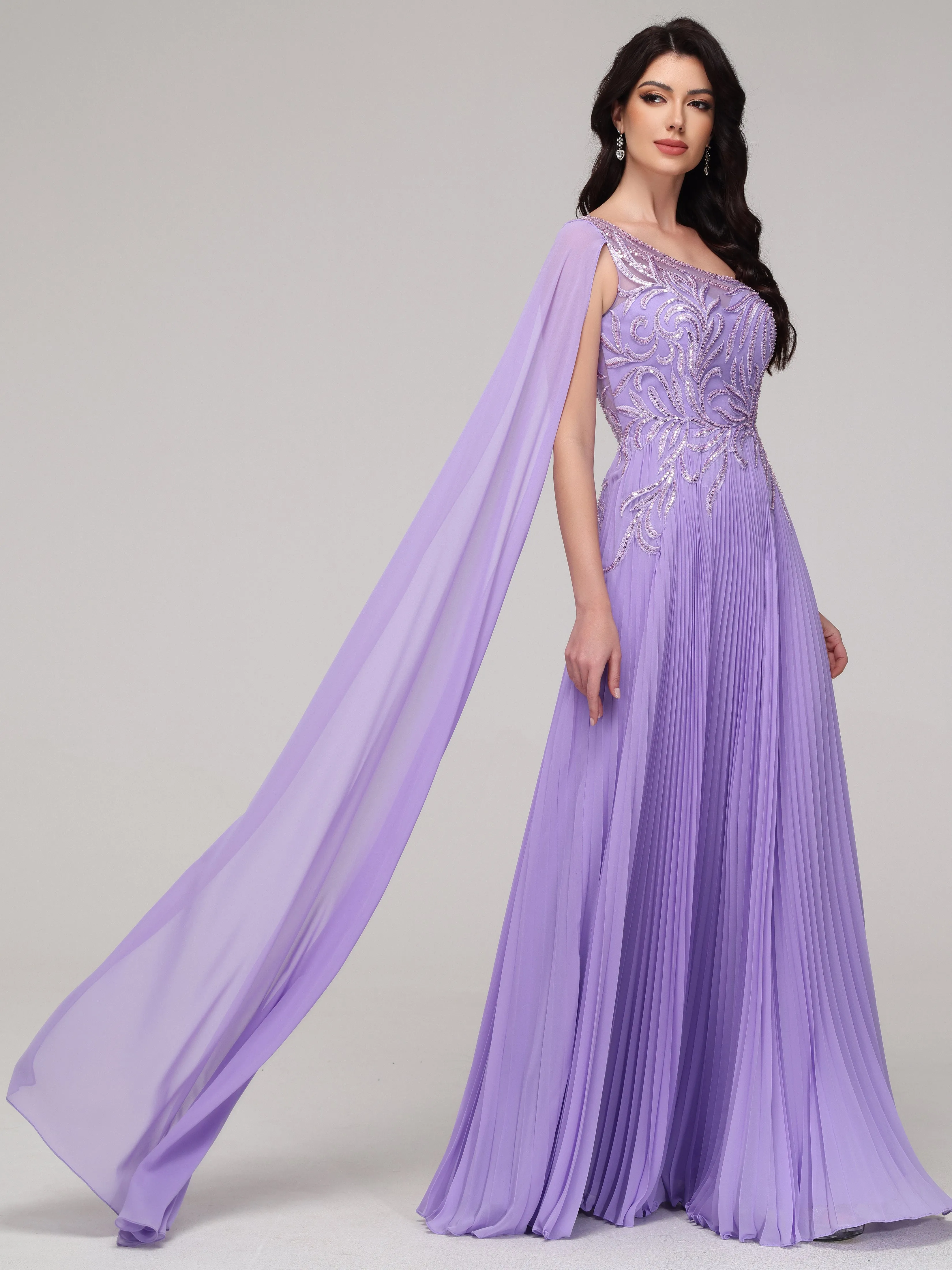 Trapèze Seule épaule Mousseline Dentelle Robe de Soirée LILAS