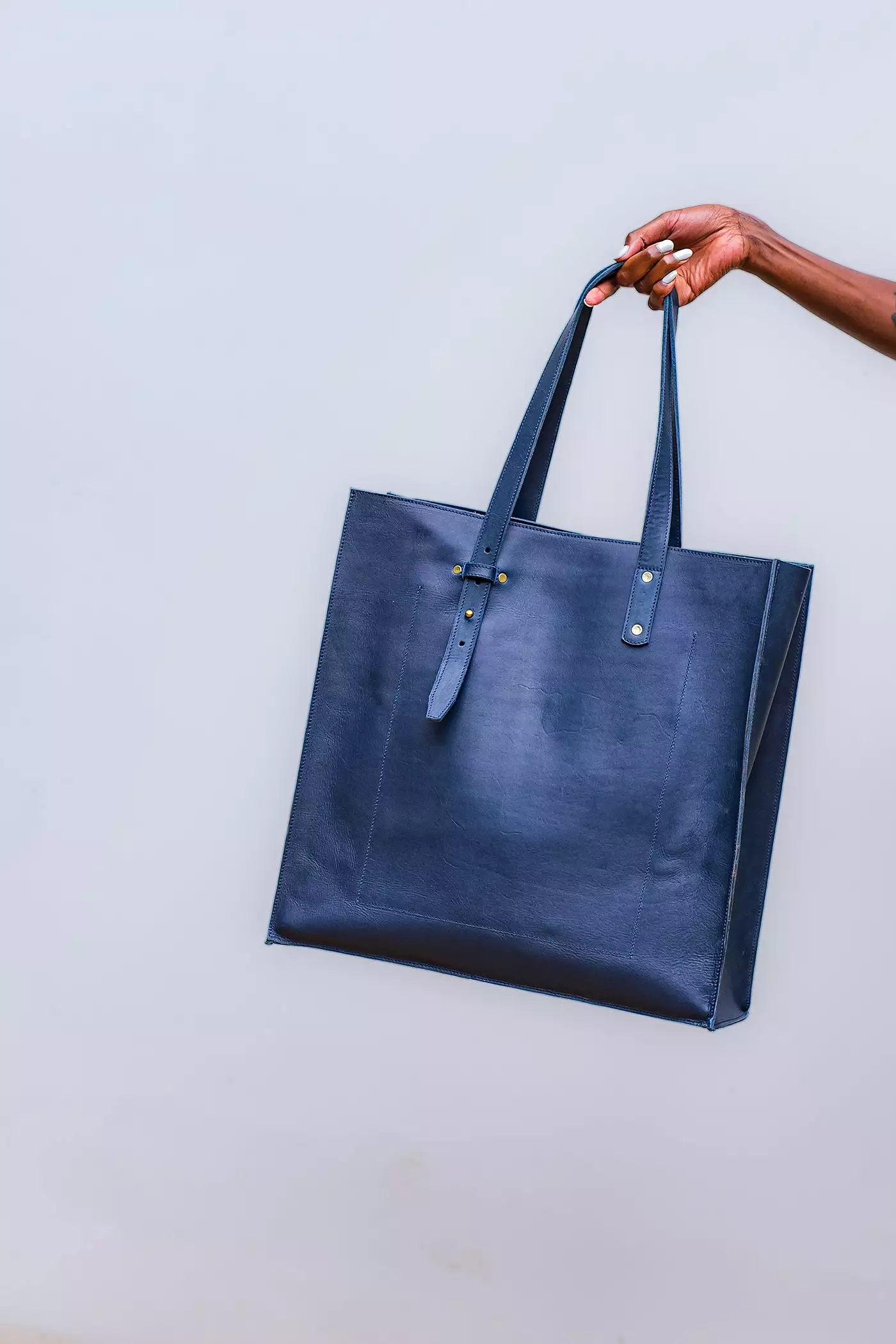 TUG Logo Double Strap Blue Leather Tote Bag