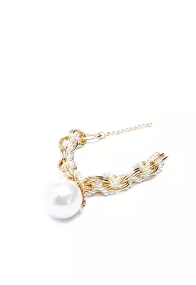 Two Tone Chain Link Twist Braid Pearl Rhinestone Bracelet