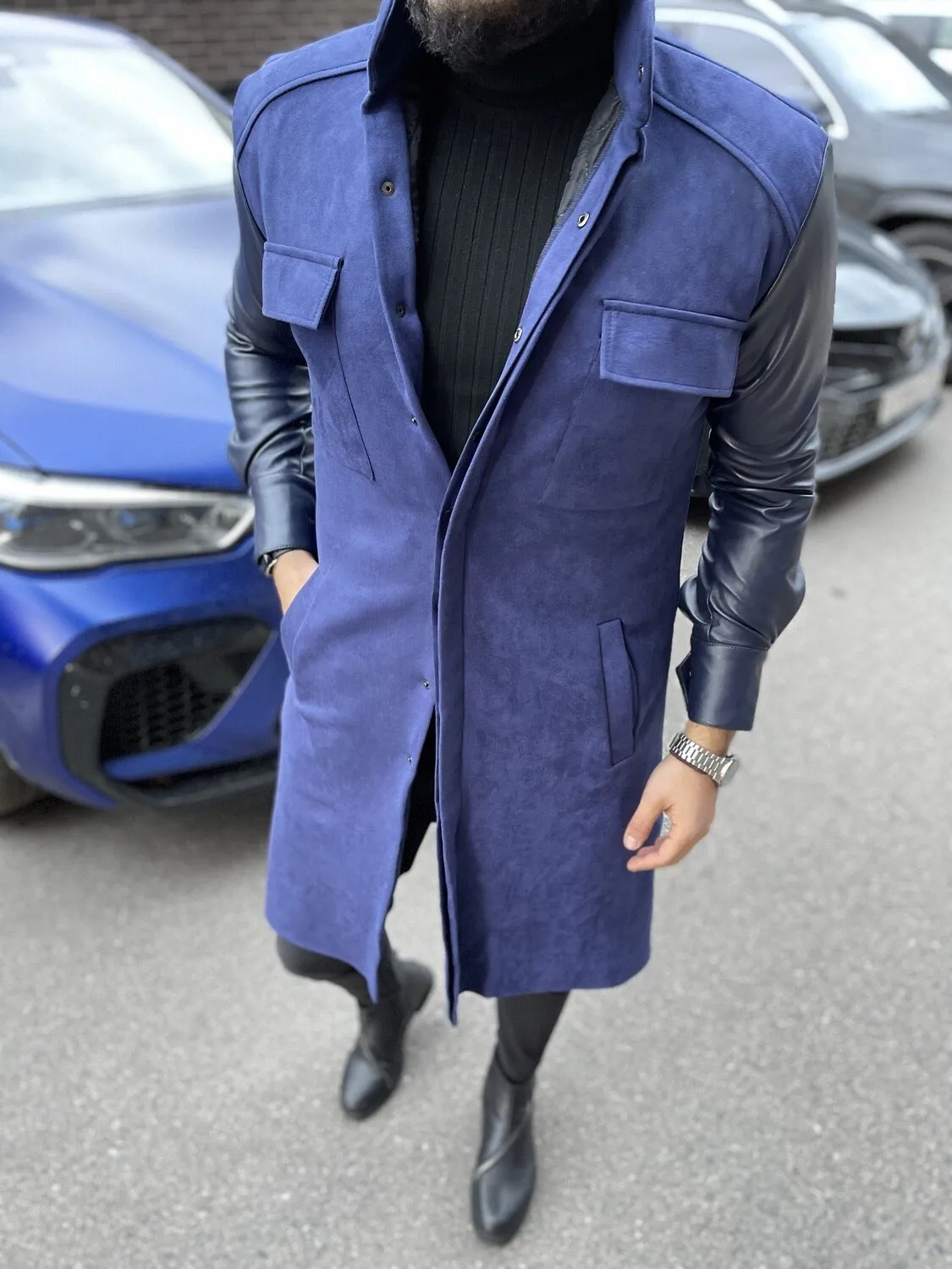 Verno Trench Blue Suede Long Coat