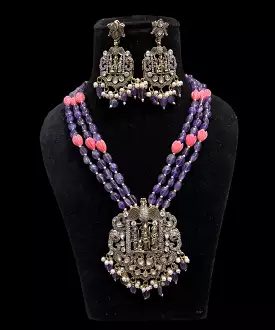 Victorian Style Violet Beads and Coral Tulips Long Necklace Set with Ram Darbar Pendant and Earrings -JSK001RDVT