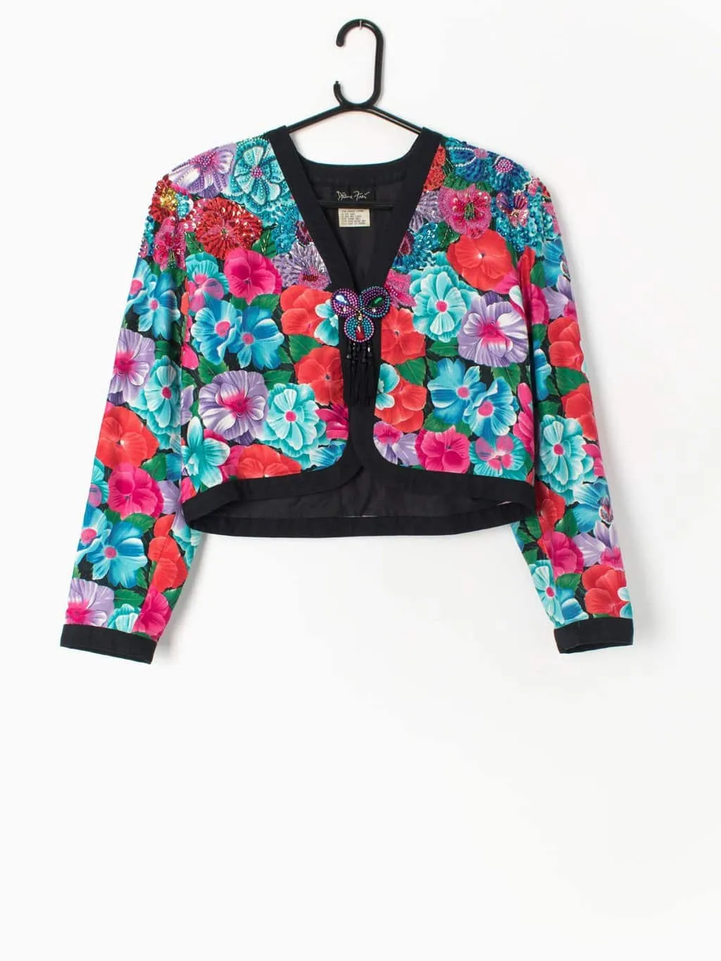 Vintage cropped Jacket with floral print and beaded sequin shoulders by Diane Fres – Medium