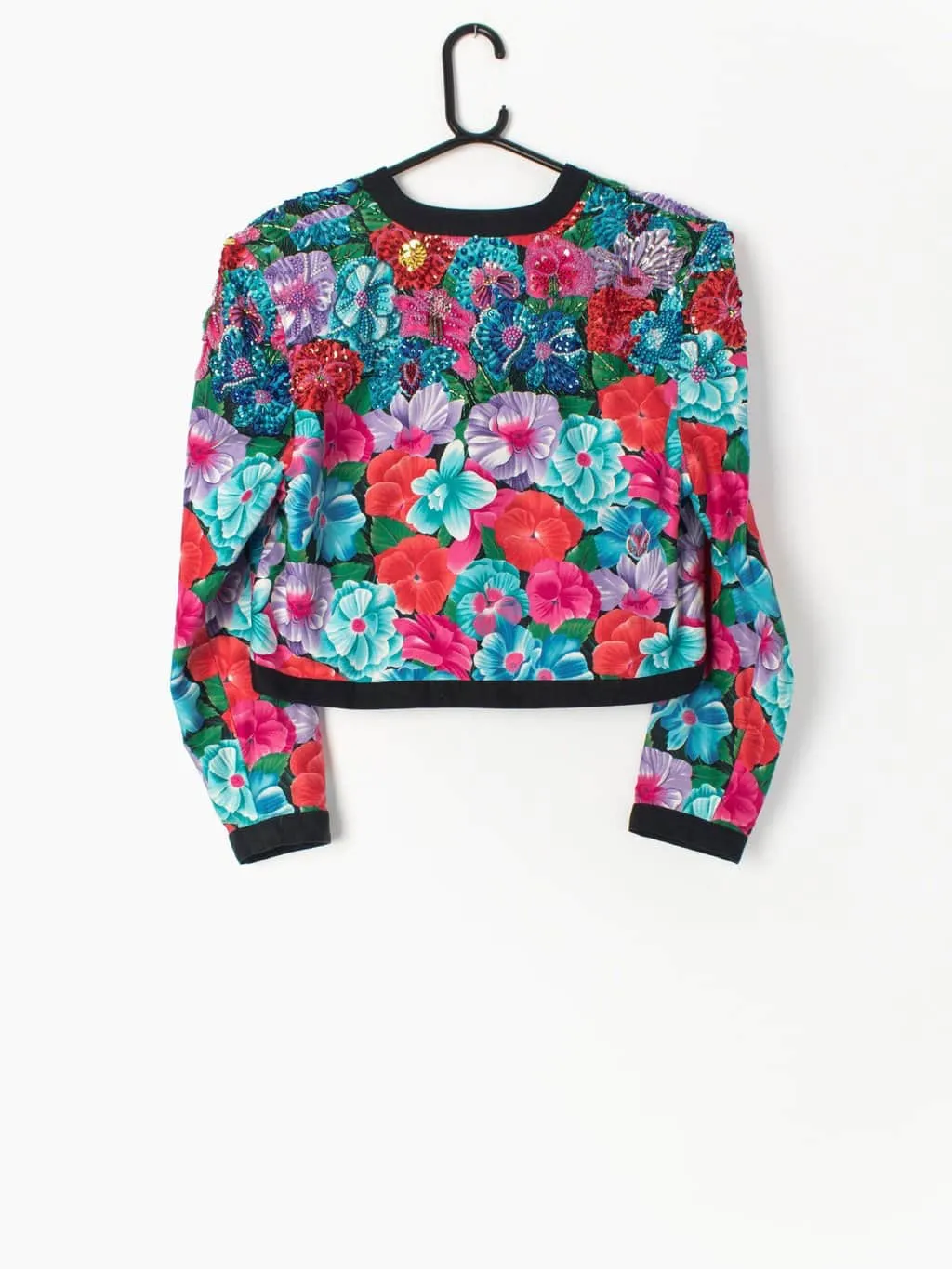 Vintage cropped Jacket with floral print and beaded sequin shoulders by Diane Fres – Medium