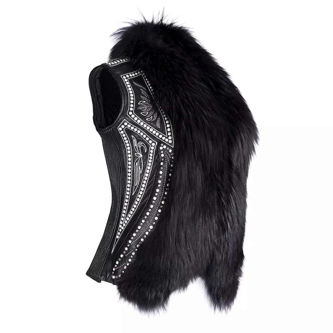 VSCEEPZ - Cuadra casual leather vest with fox fur and Swarovski pearls.