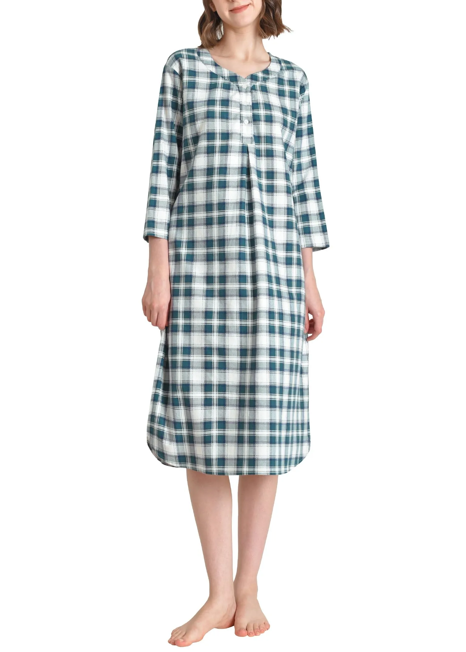 Women's Cotton Flannel Nightgown Plaid Long Nightshirt with Pockets