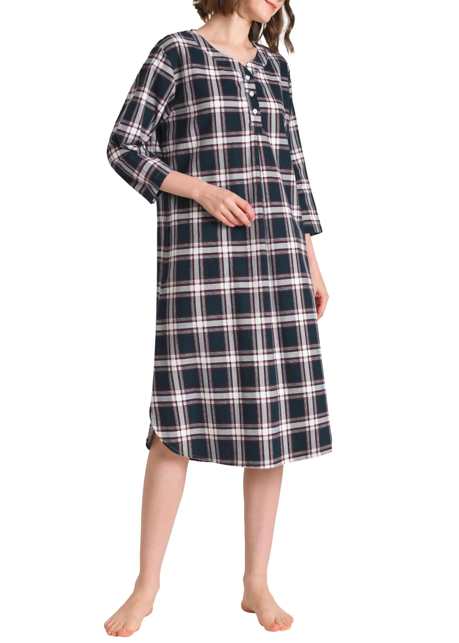 Women's Cotton Flannel Nightgown Plaid Long Nightshirt with Pockets