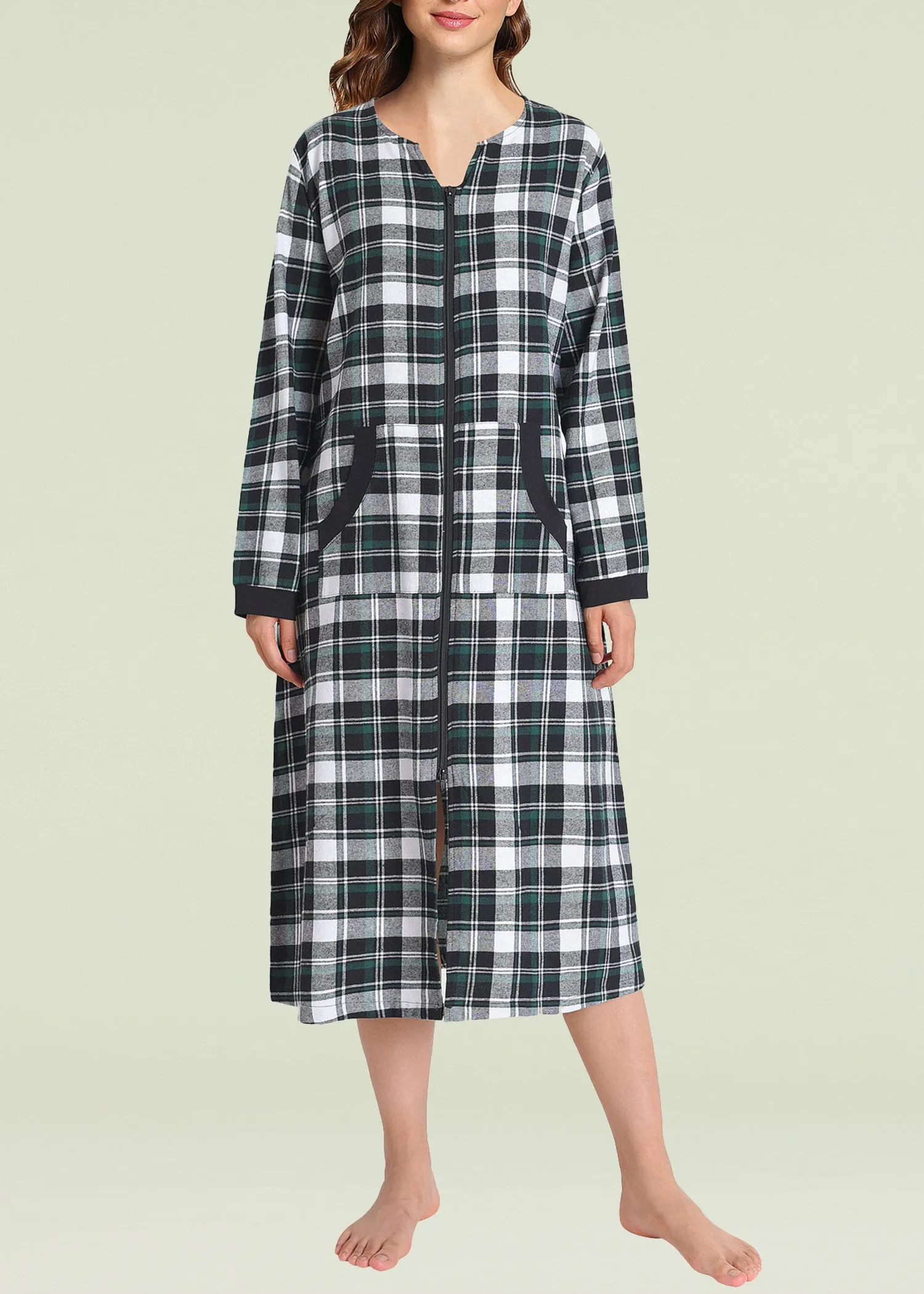 Women's Cotton Plaid Nightgown Long Flannel Zipper Nightgown